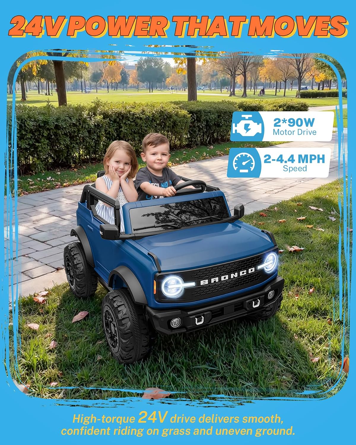 ENYOPRO 24V Ride on Toys, Licensed Ford Bronco Base 2 Seater Ride on Car for Kids, Electric Car with Remote Control, Seat Belts, LED Headlights, Bluetooth, Soft Start, Spring Suspension (Blue) - Image 3