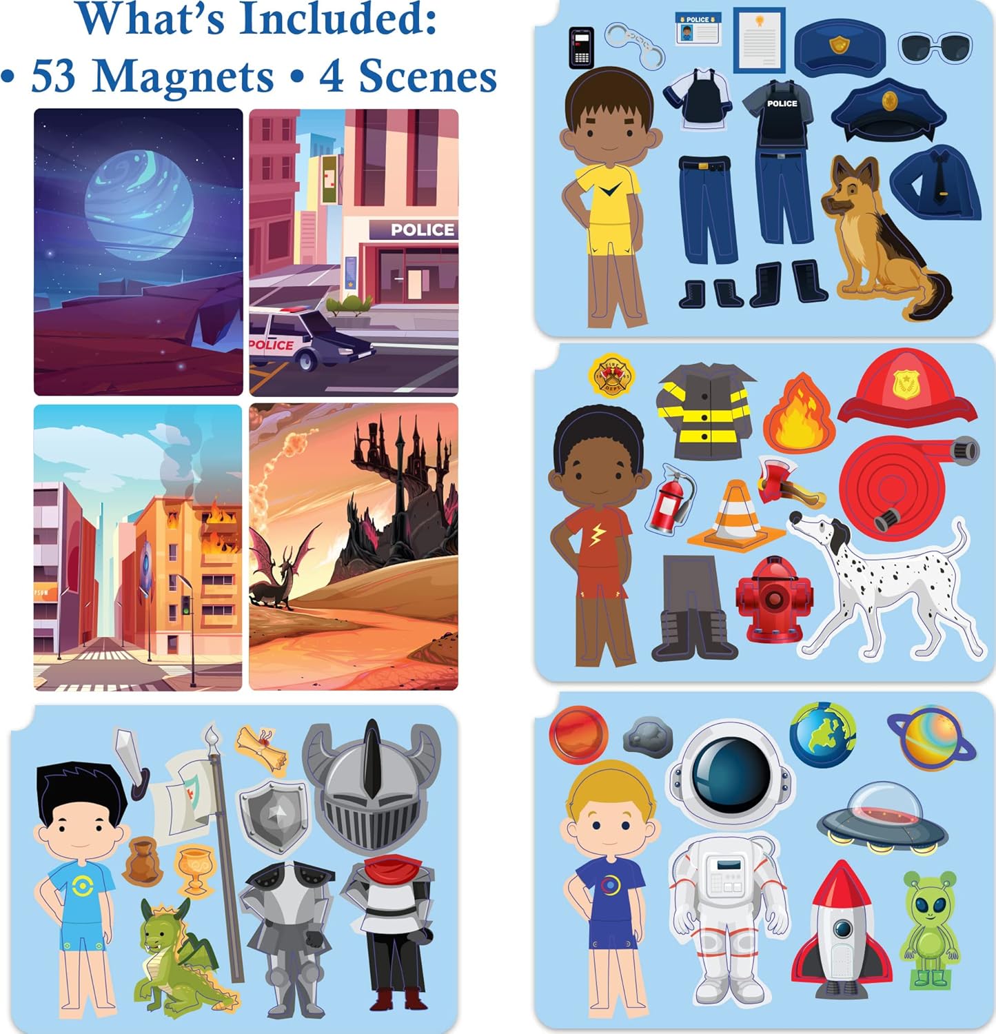 Hapinest Magnetic Heroes Pretend and Play Travel Playset Toy for Boys Ages 4 Years and Up, Fireman, Policeman, Knight, Astronaut - Image 4