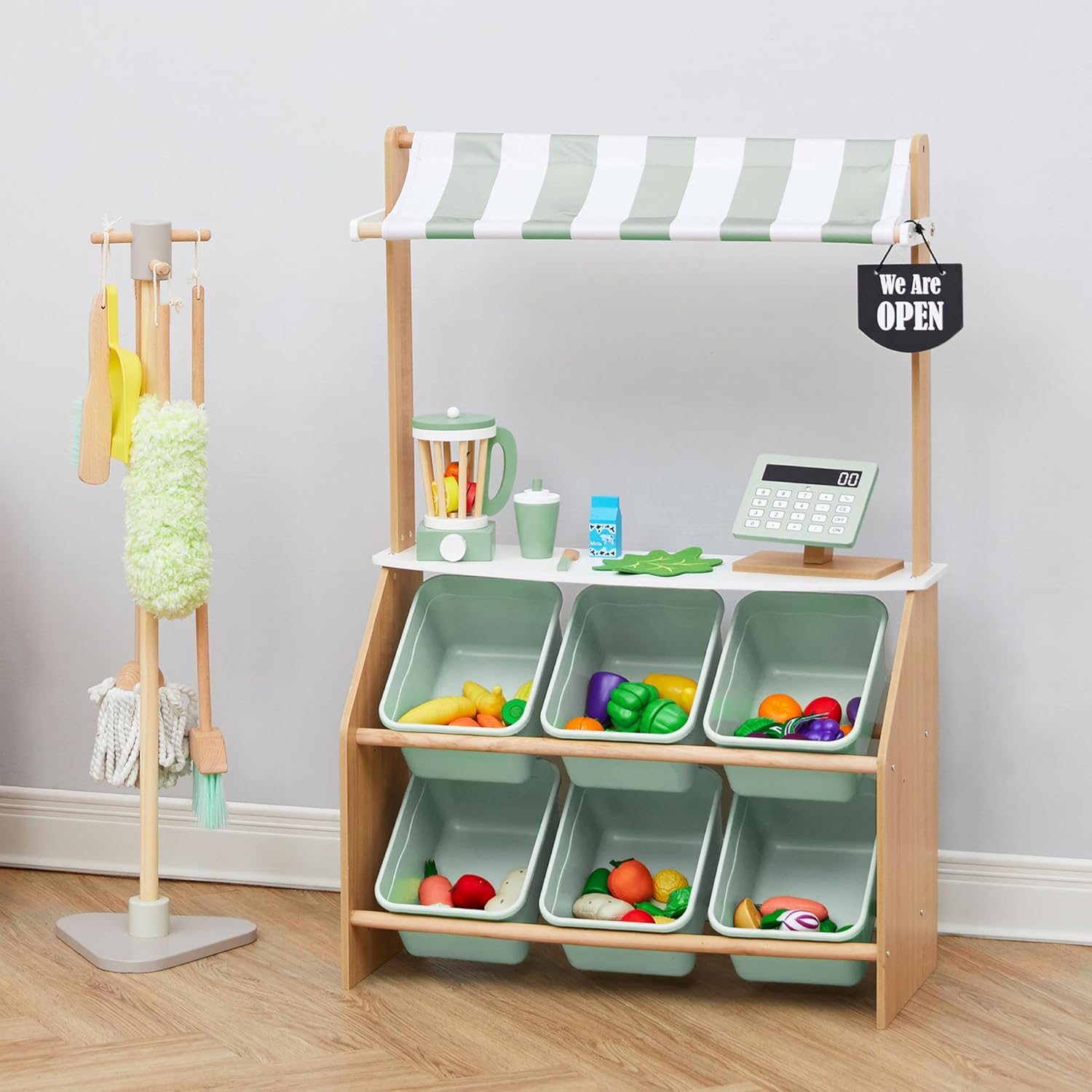 Teamson Kids Little Helper Wooden Farmer's Market Stand with Pretend Cash Register and 6 Plastic Storage Bins, Green, TD-13638A-AMZ | Pretend Grocery Store Playset, Cash Register Toy, 6 Storage Bins, Awning, Ages 3+ - Image 2