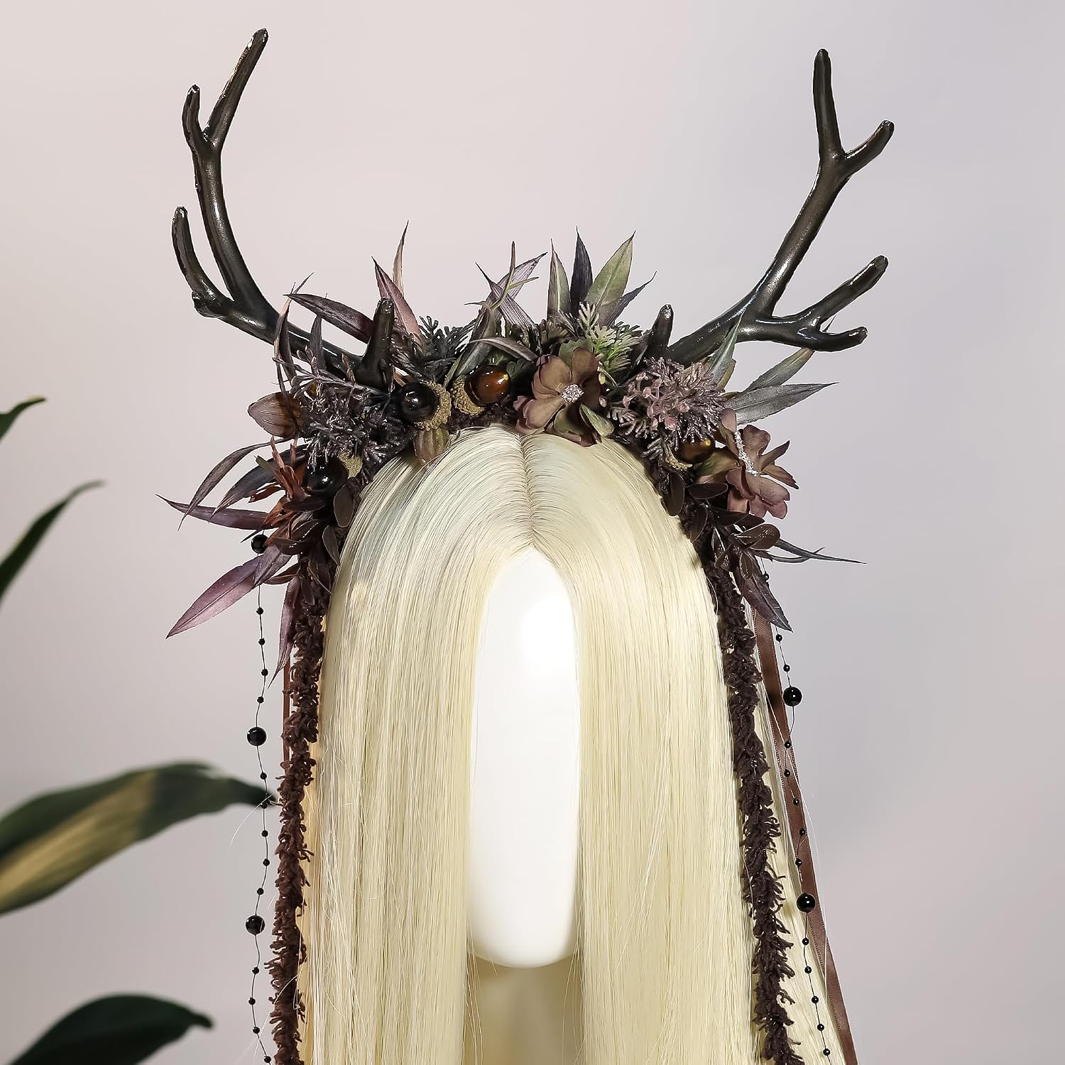MOSTORY Flower Reindeer Headband for Women - Floral Antler Headpiece Woodland Deer Horns Hairband for Renaissance Cosplay - Image 6