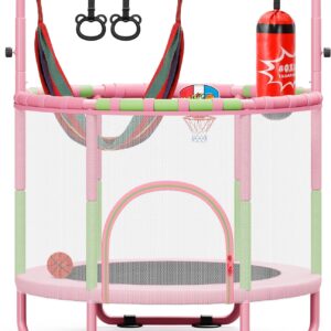 Yohood 55″ Trampoline for Kids with Enclosure, 6-in-1 Toddler Trampoline Indoor Outdoor, Upgrade Full Anti-Rust Tube with Adjustable Gymnastics Bars for Boys Girls