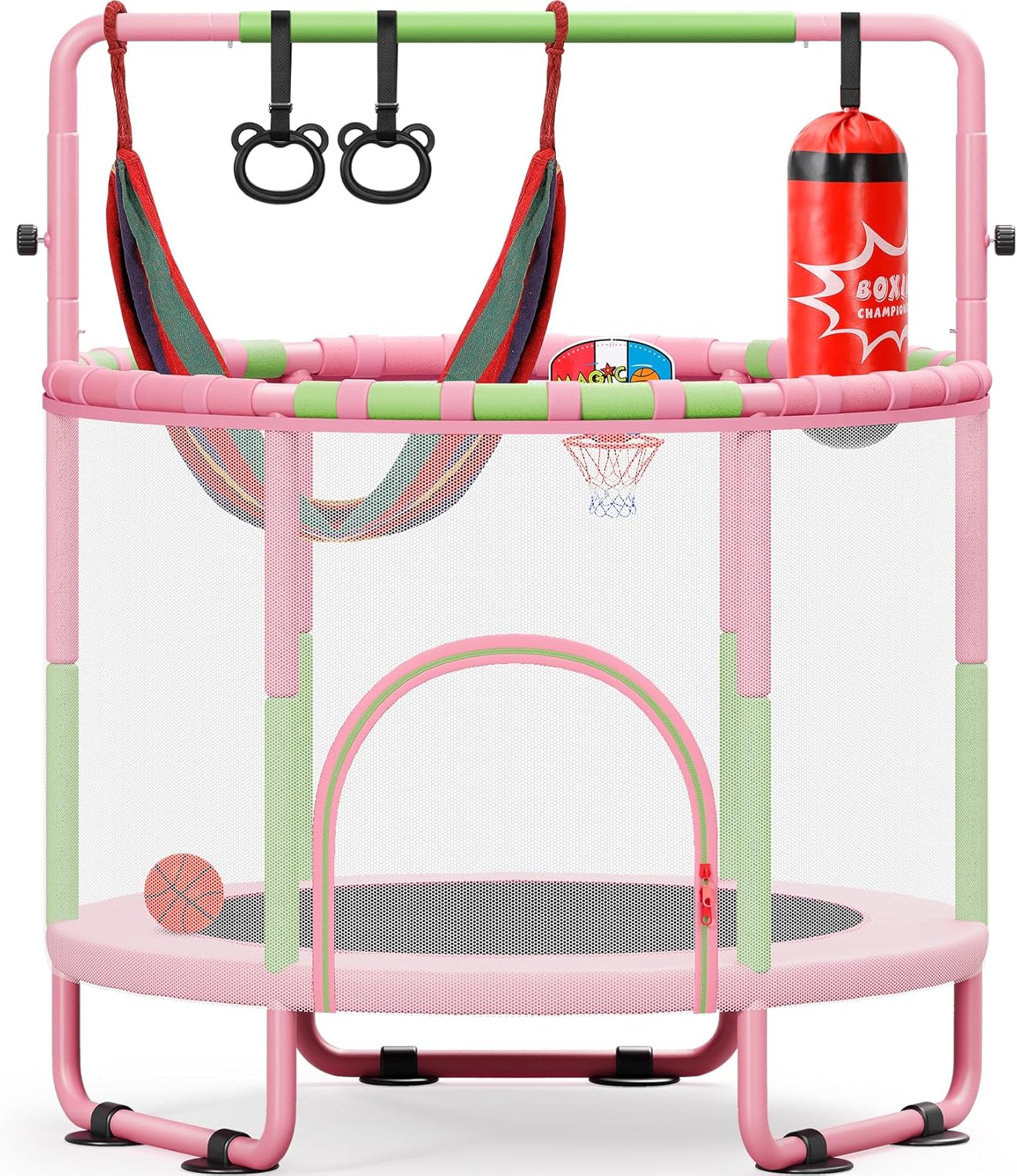 Yohood 55" Trampoline for Kids with Enclosure, 6-in-1 Toddler Trampoline Indoor Outdoor, Upgrade Full Anti-Rust Tube with Adjustable Gymnastics Bars for Boys Girls