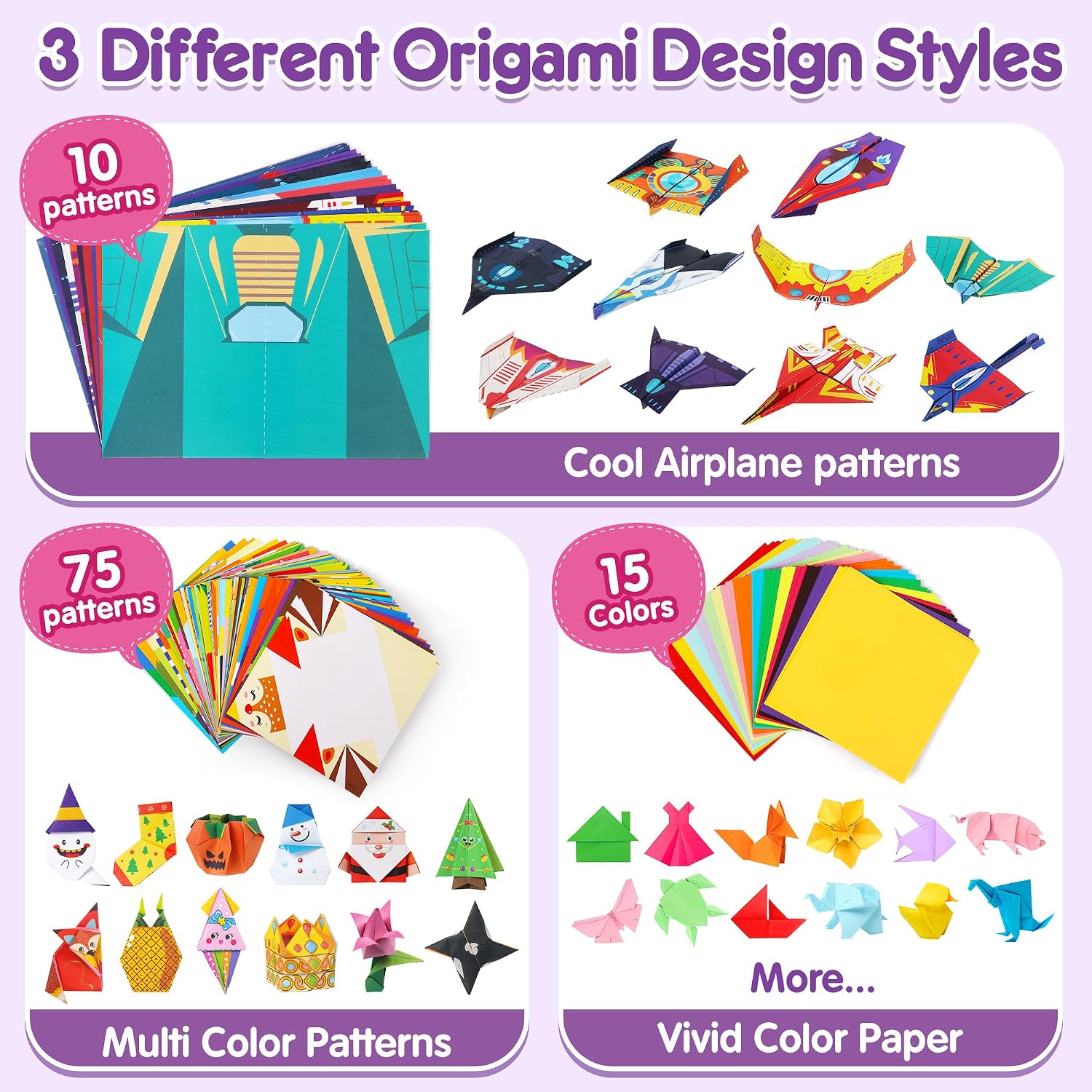 Mocoosy 320 Sheets Origami Kit for Kids Ages 5-8 9-12, Folding Paper Set with Origami Book & Paper Airplane, DIY Art Craft Project for Boys Girls, Travel Game Airplane Car Road Trip Activity Toy Gift - Image 5