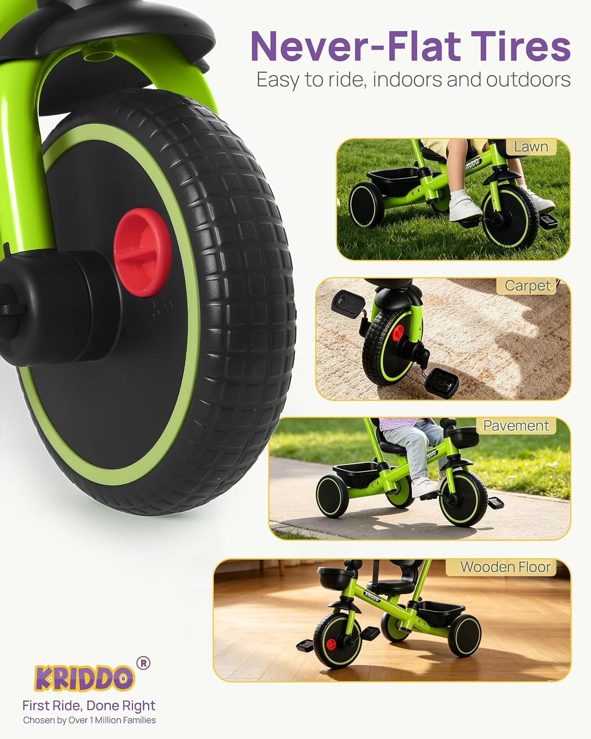 KRIDDO 2-in-1 Tricycle for Toddlers 1.5-5 Years, Push Tricycle with Parent Steering & Detachable Handle, 9-Stage Adjustable Handlebar, Toddler Trike with Safety Belt, Clutch Pedals & Dual Baskets, GN - Image 8