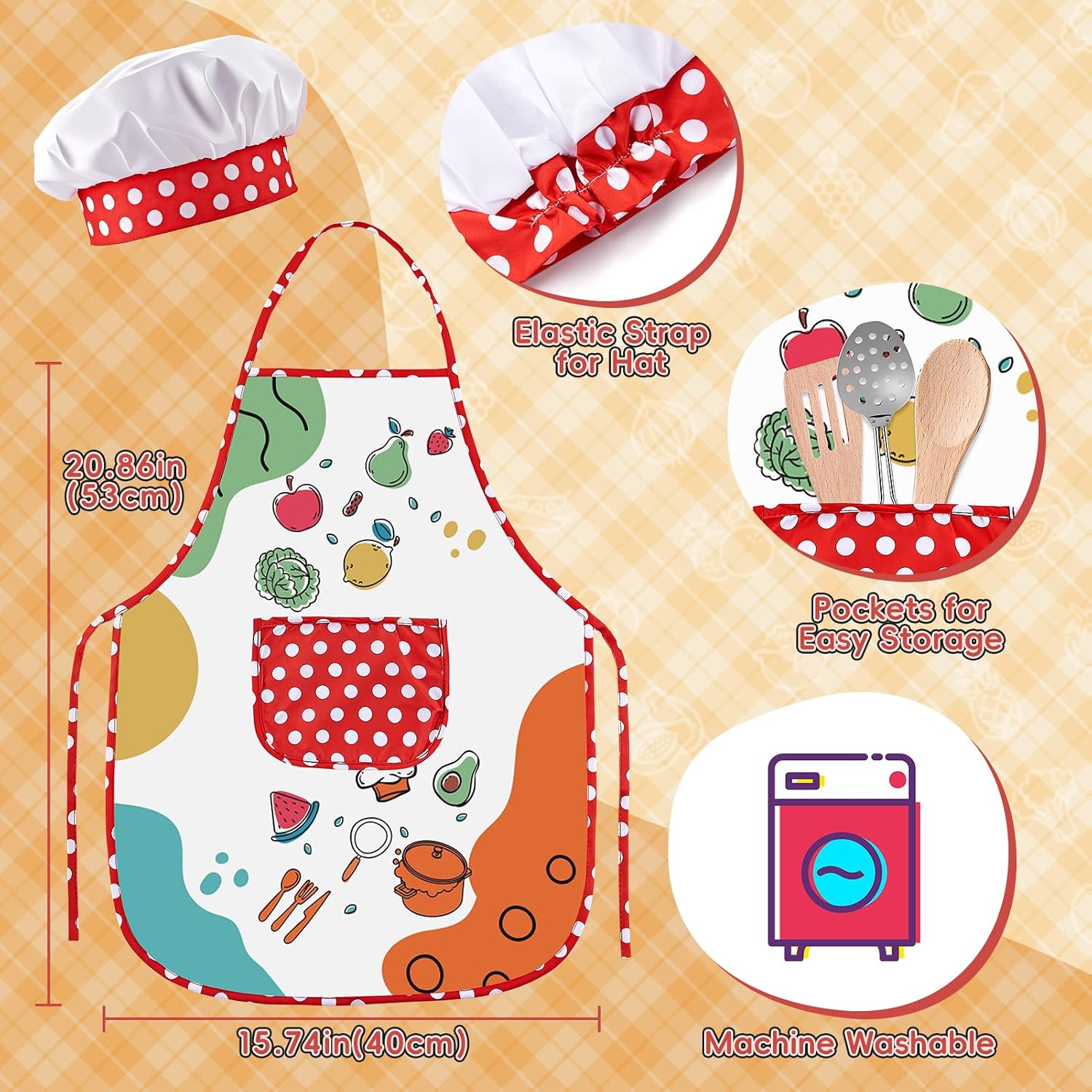 Play Kitchen Accessories, Large Stainless Steel Toddler Cooking Set, Kids Kitchen Playset with Cutting Play Food, Condiments, Chef Apron & Hat, Service Bell, Toy Food with 2 Baskets, Boys Girls Gifts. - Image 8