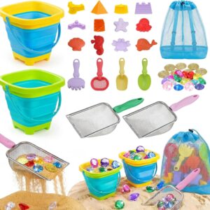 Eicaus 46 PCS Beach Sand Toys for Kids Toddlers, Collapsible Sand Buckets & Mesh Bag Set with Heavy Duty Metal Sifters, Treasure Hunt Gems, Castle Molds, Travel Sandbox Toys for Boys Girls