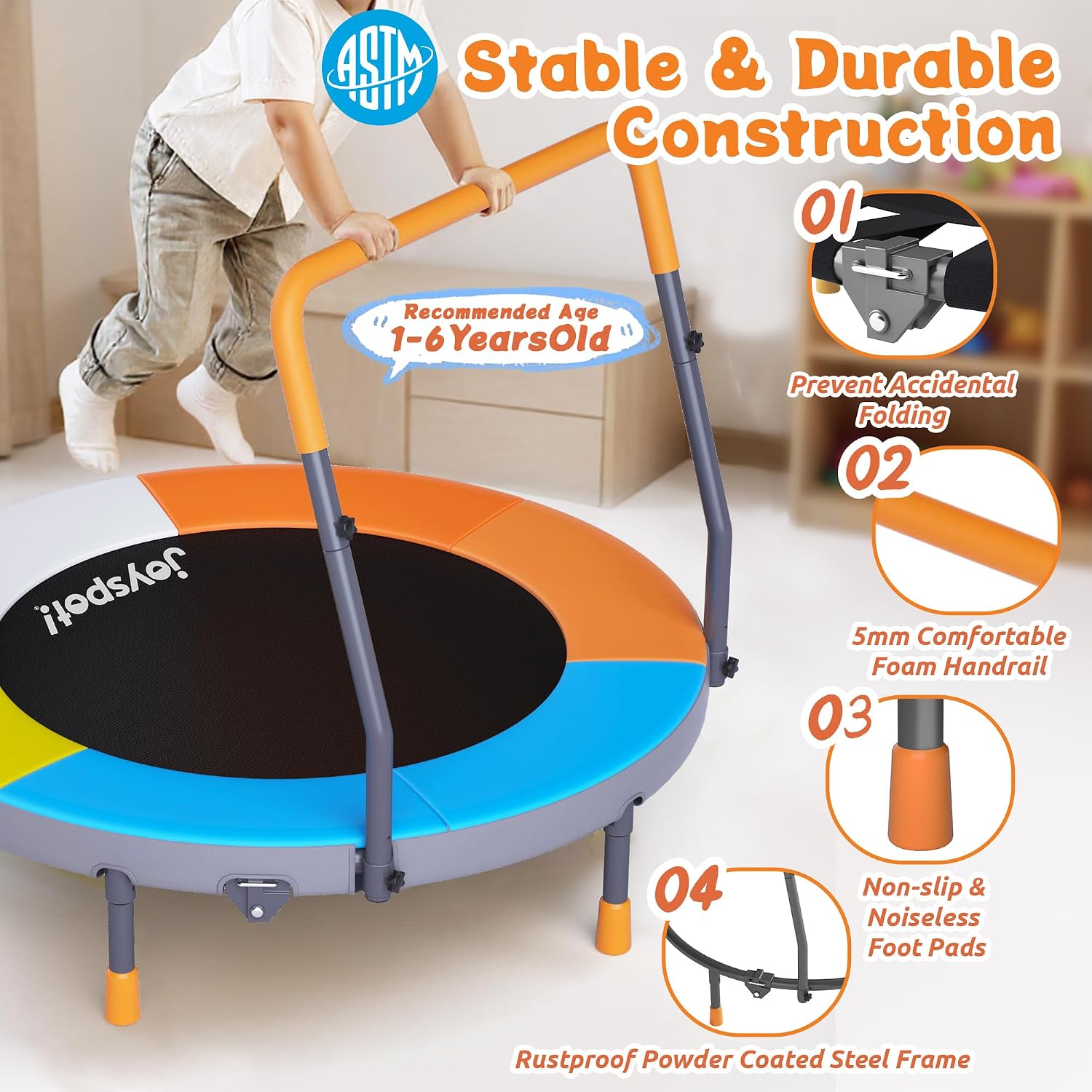 JOY SPOT! Premium 3FT Foldable Toddler Trampoline for Kids Ages 1-6, 36 Inch ASTM Certified Mini Trampoline with Adjustable Handle, 100 lbs Capacity, Quiet Elastic Bands, Safe for Indoor Outdoor Use - Image 2