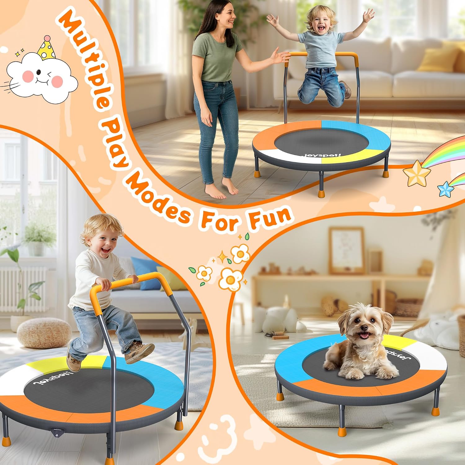 JOY SPOT! Premium 3FT Foldable Toddler Trampoline for Kids Ages 1-6, 36 Inch ASTM Certified Mini Trampoline with Adjustable Handle, 100 lbs Capacity, Quiet Elastic Bands, Safe for Indoor Outdoor Use - Image 9