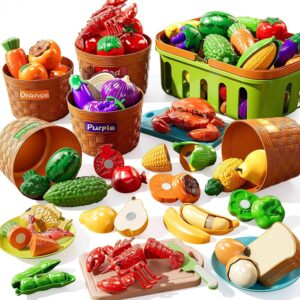 NIPLOOOW Play Food Set for Kids, Toddler Learning Toys, Cutting Food Toy Color Sorting Set, Pretend Food Play Kitchen Accessories for Kids, Birthday Gifts for 3-8 Years old Boys Girls Educational Toys