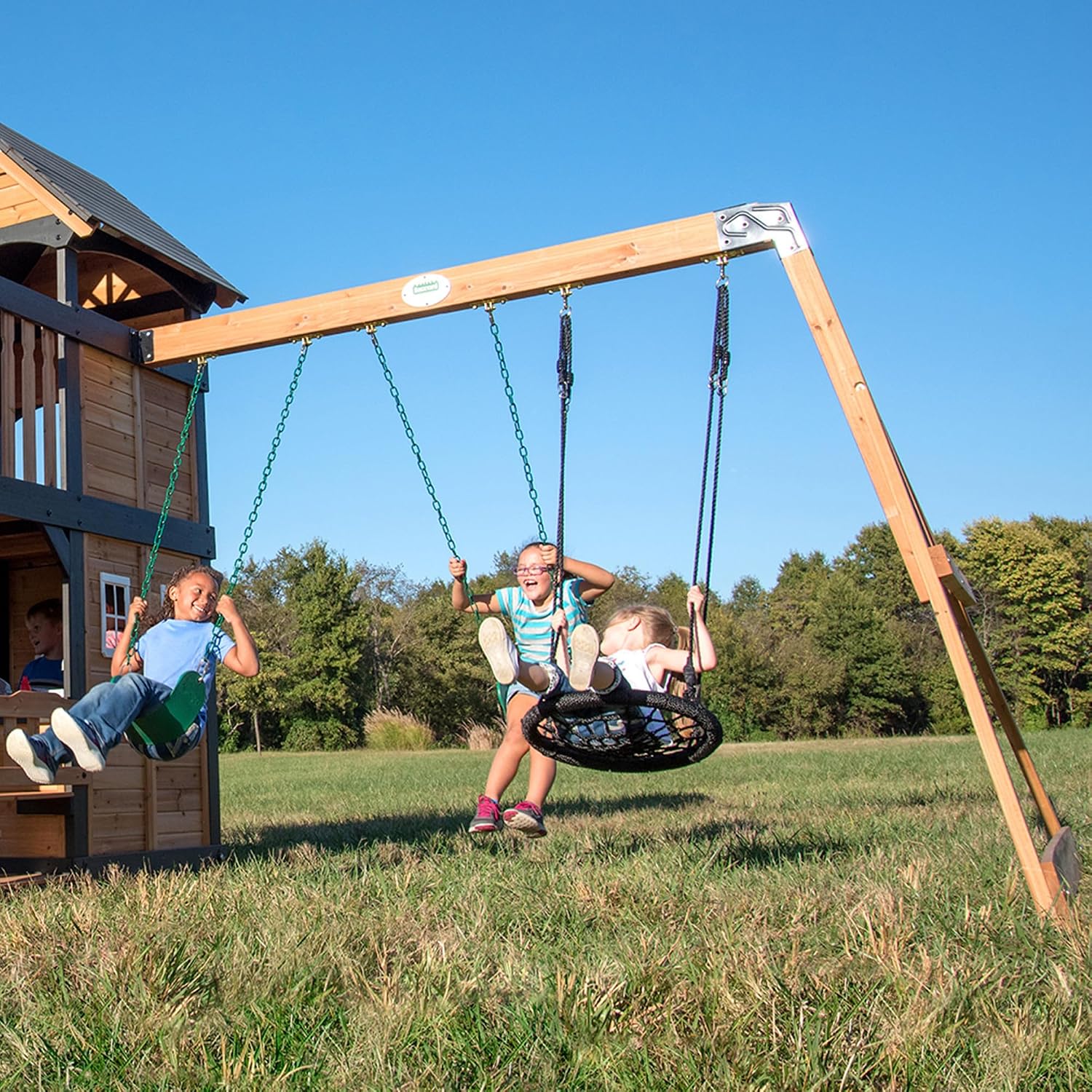 Backyard Discovery Canyon Creek Cedar Wood Swing Set with Wave Slide, Clubhouse, Play Kitchen, Picnic Area, Belt Swings, Web Swing, Rock Wall, Balconies, Playhouse, Step Ladder, Outdoor Playset - Image 7