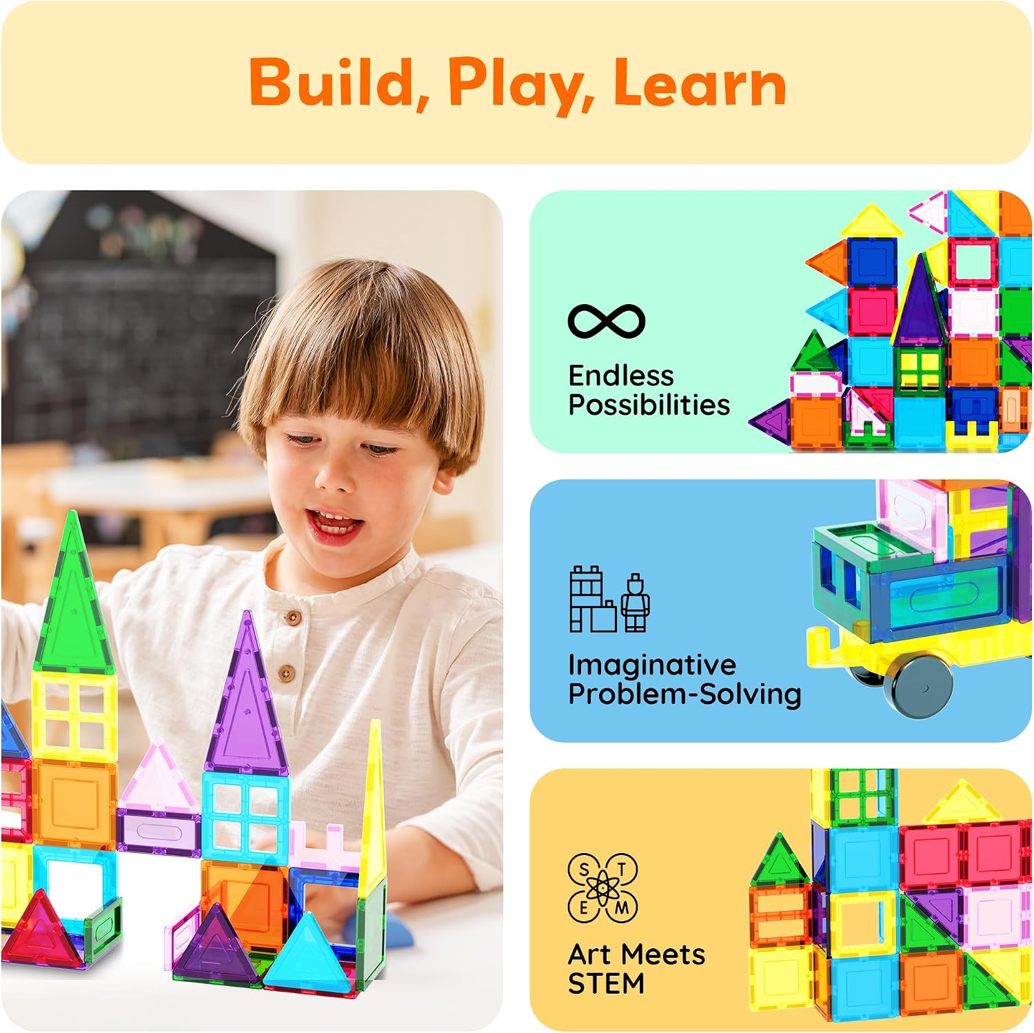 PicassoTiles 101 PCs Magnetic Tiles Building Blocks with Car & Drawstring Carry Bag Toy Storage Magnet Block for Toddlers Kids STEM Toy Set Educational Tile Learning Brain Development Ages 3+ PC101 - Image 4