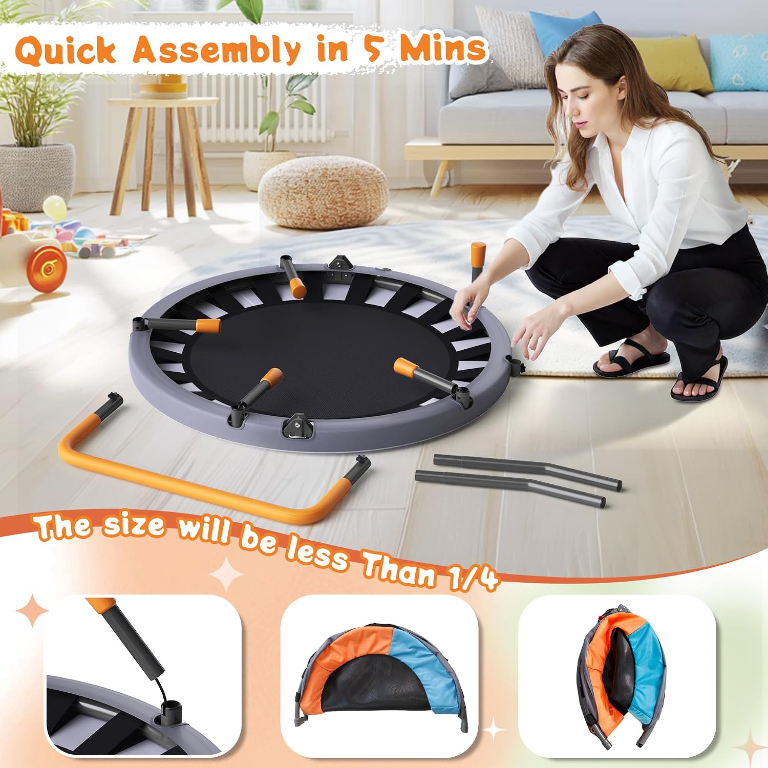 JOY SPOT! Premium 3FT Foldable Toddler Trampoline for Kids Ages 1-6, 36 Inch ASTM Certified Mini Trampoline with Adjustable Handle, 100 lbs Capacity, Quiet Elastic Bands, Safe for Indoor Outdoor Use - Image 4