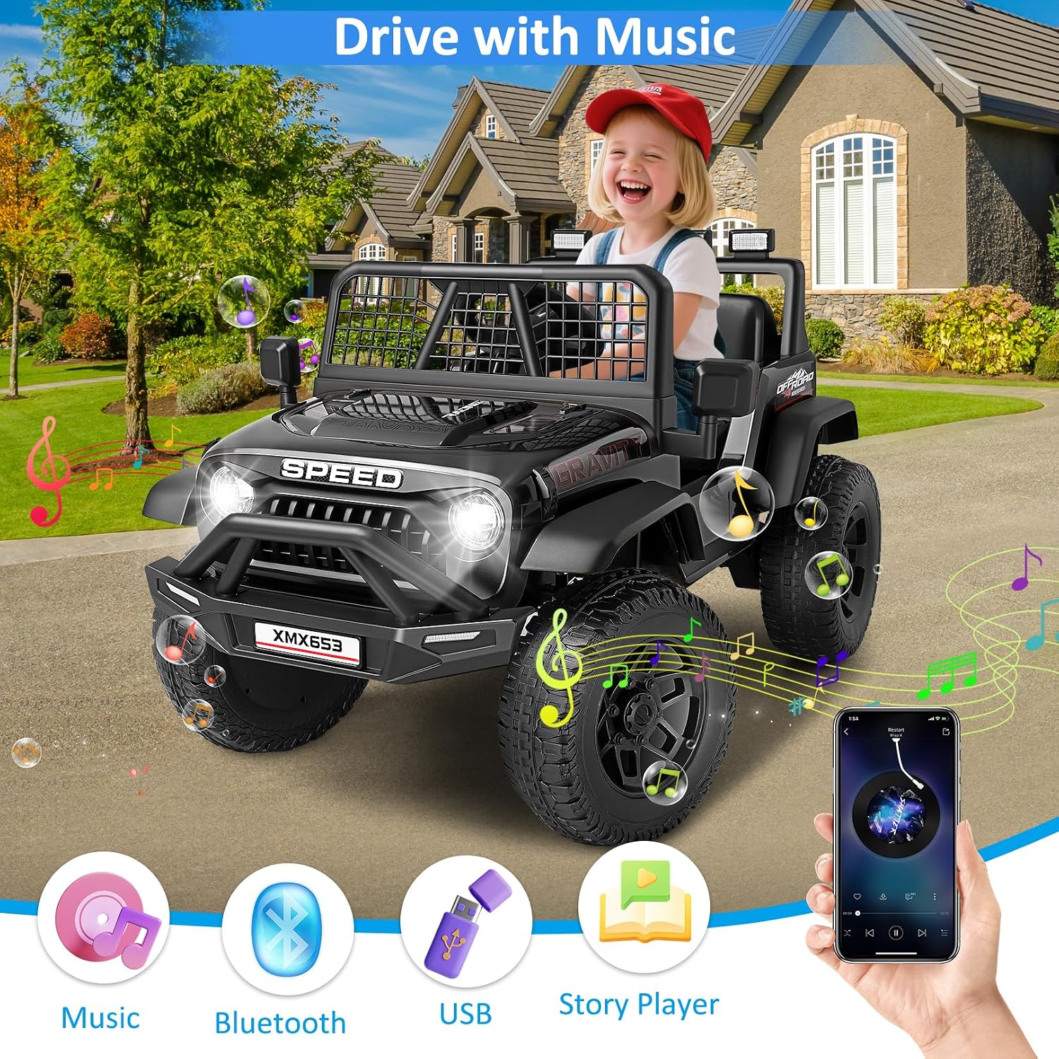 Hikole 24V Ride On Toys for Big Kids, 24V Power Wheels with Remote Control, 3 Speed, Bluetooth, Music, Soft Start, Birthday for Boys Girls Toddler, Black - Image 3