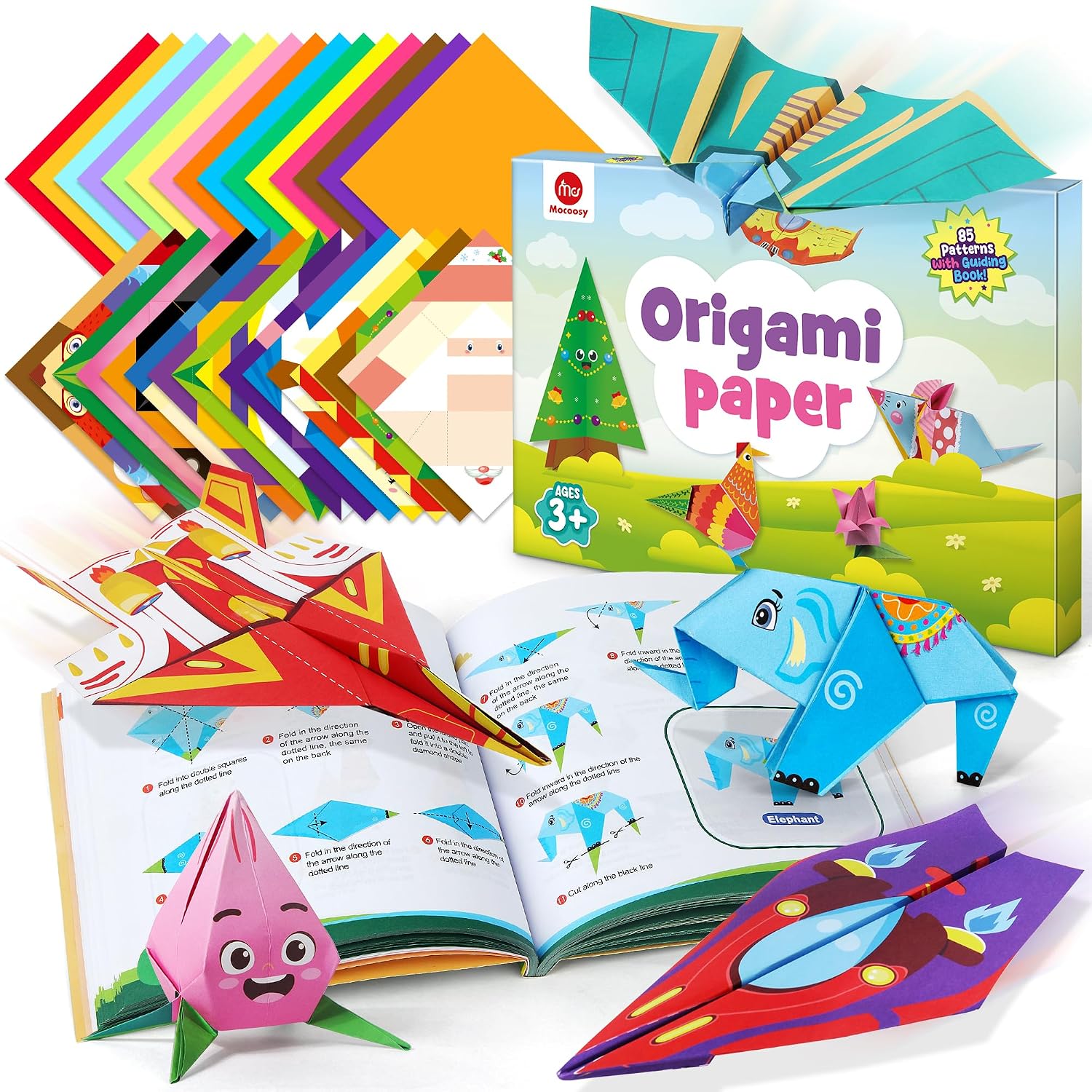 Mocoosy 320 Sheets Origami Kit for Kids Ages 5-8 9-12, Folding Paper Set with Origami Book & Paper Airplane, DIY Art Craft Project for Boys Girls, Travel Game Airplane Car Road Trip Activity Toy Gift