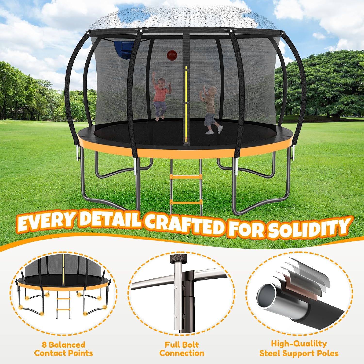 Kiivakii Trampoline 12 14 16FT, Outdoor Big Trampolines for Kids and Adults, Recreational Trampolines with Basketball Hoop and Stakes, Big Round Trampoline with Sprinkler for Backyard - Image 2