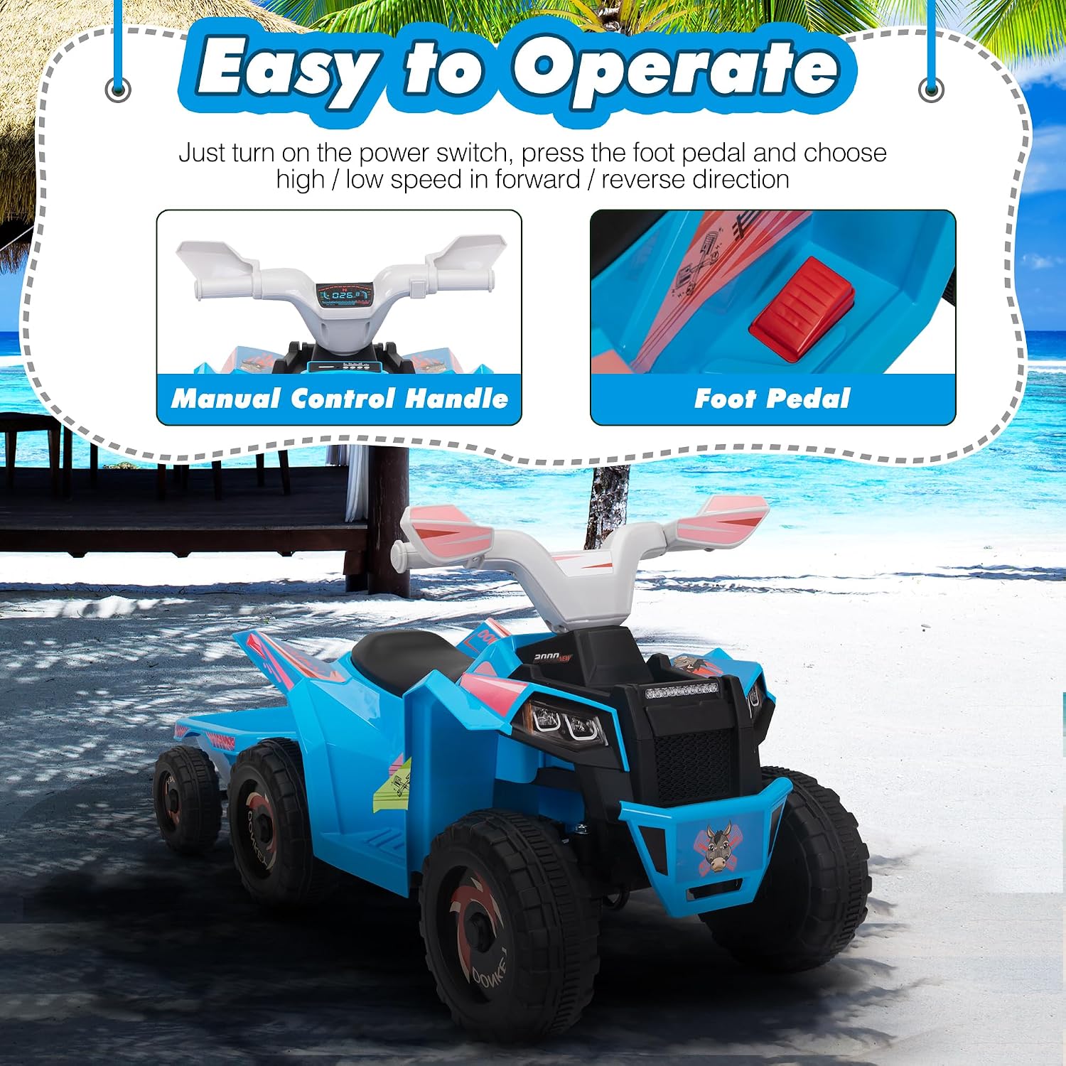 TOBBI 6V Electric Kids Ride On Toy Car with Trailer, Toddler 4 Wheeler Powered Vehicle, ATV to Drive with Music/Battery Volume Display for Children Age 2-6-Blue - Image 3