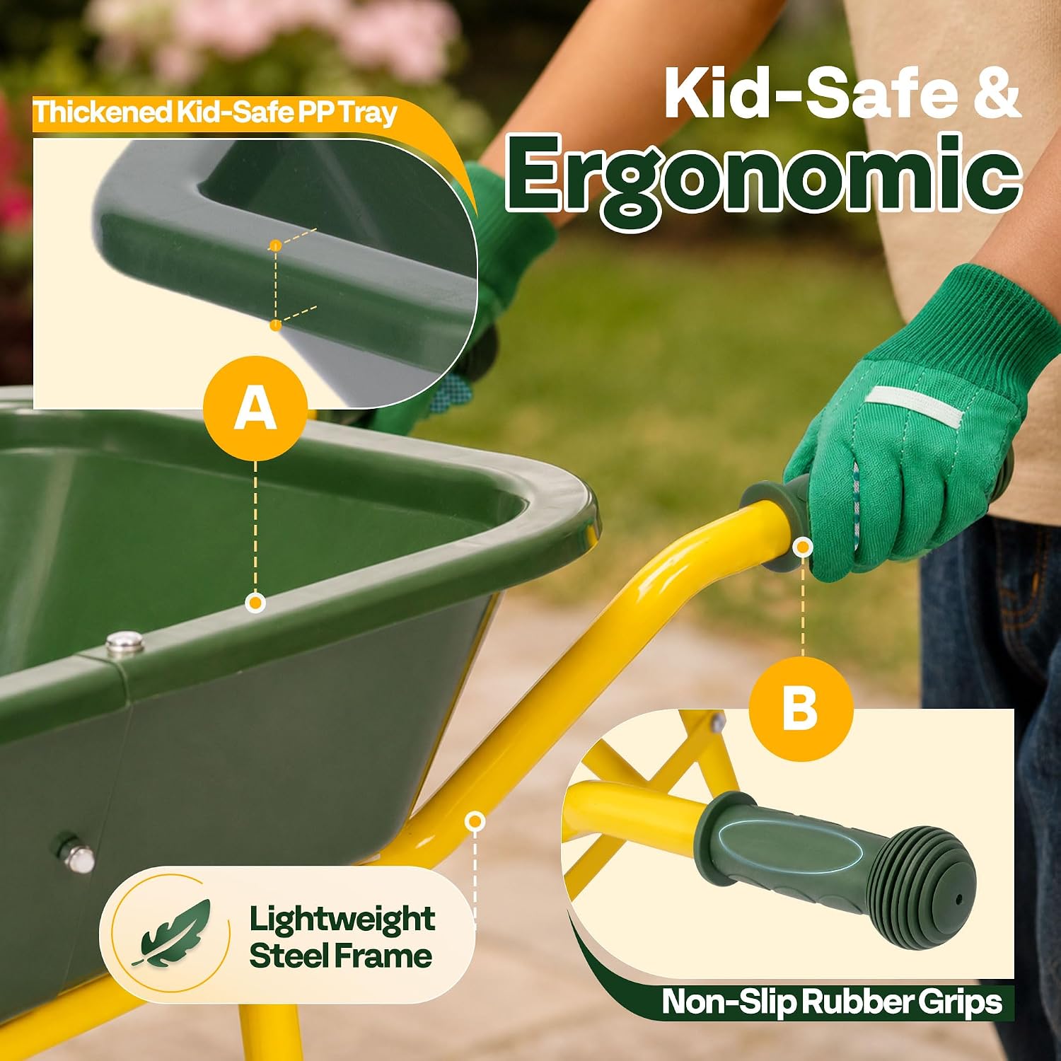 VIVOHOME 30" Kids Wheelbarrow Set 6 PCS Children Garden Cart | With Metal Gardening Tools, Apron & Gloves for Fun, Educational Backyard Play - Image 5