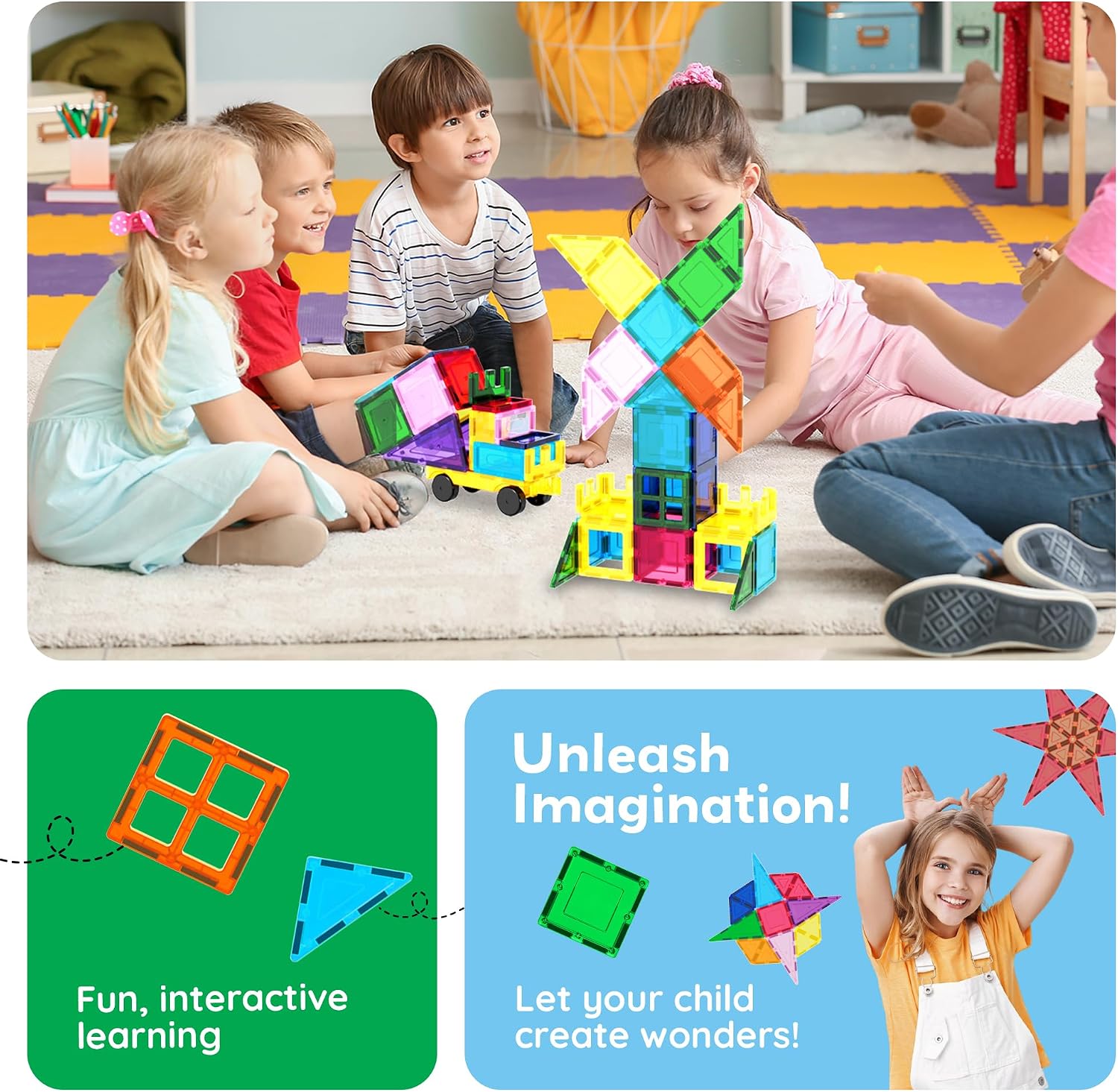 PicassoTiles 101 PCs Magnetic Tiles Building Blocks with Car & Drawstring Carry Bag Toy Storage Magnet Block for Toddlers Kids STEM Toy Set Educational Tile Learning Brain Development Ages 3+ PC101 - Image 5