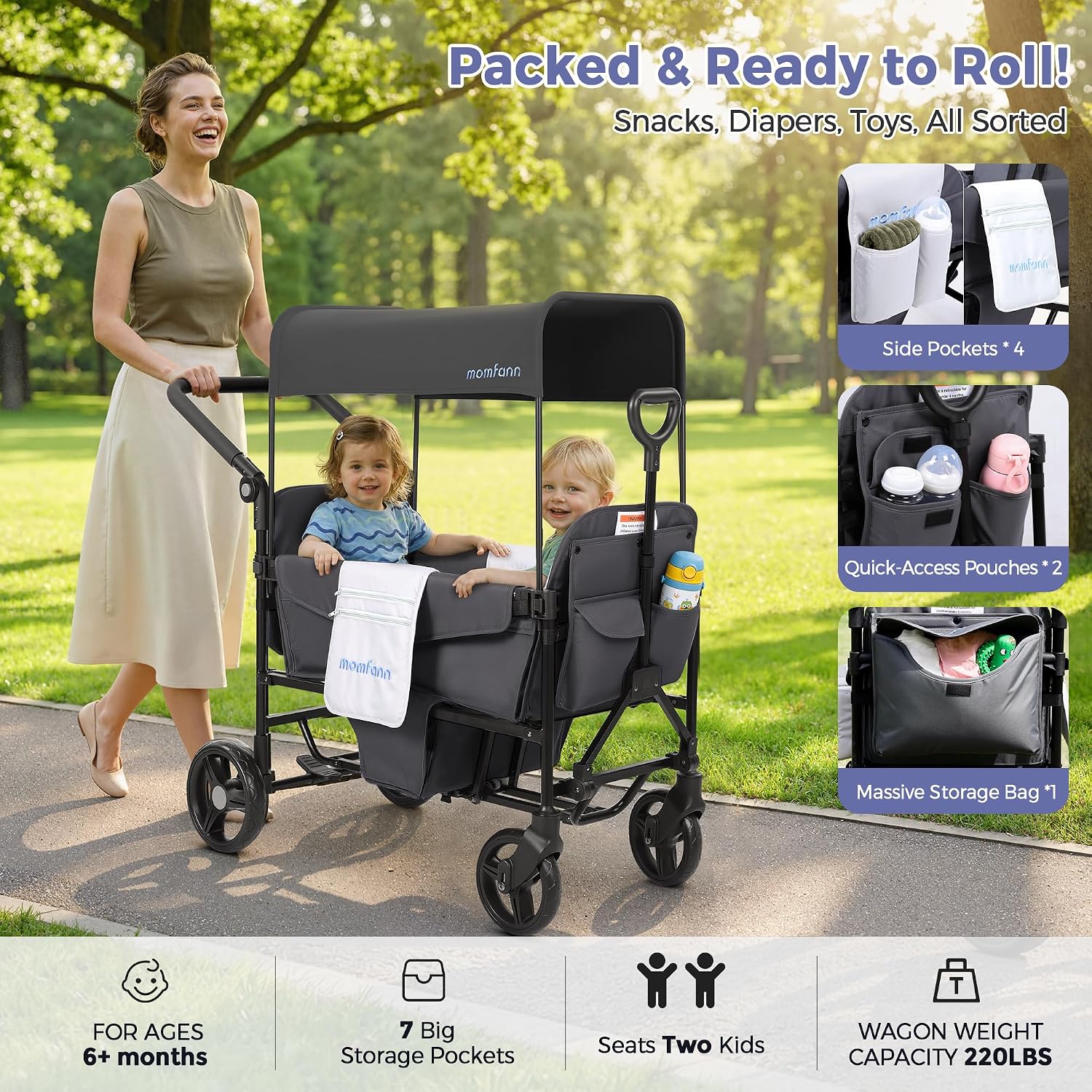 MOMFANN Wagon Stroller for 2 Kids, All-Terrain Foldable Baby Wagon with Adjustable Push & Pull Handle, 5-Point Harness, Removable Canopy, Footwell & Large Storage Bag-Gray - Image 7