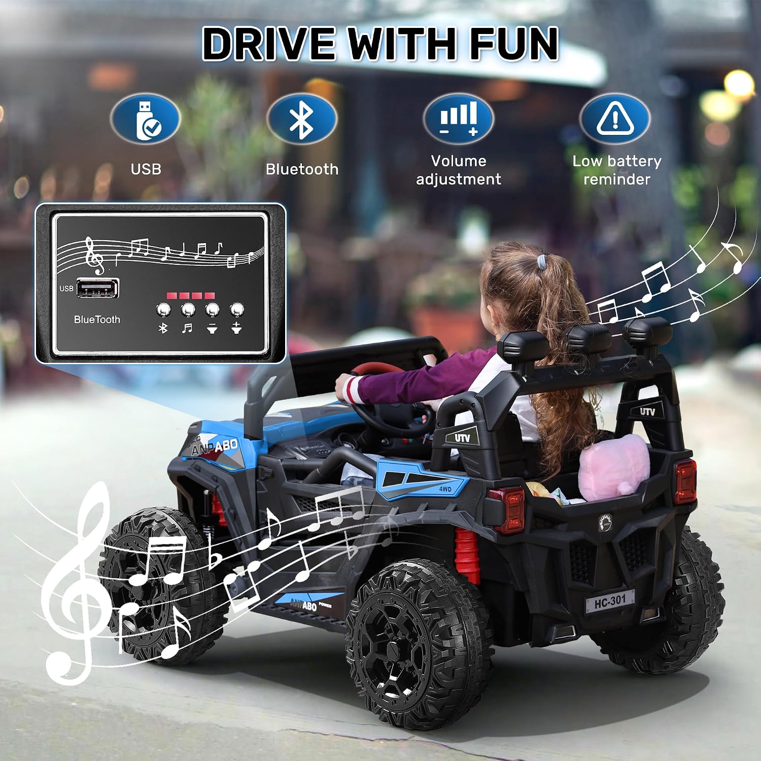 ANPABO 24 Volt Ride on Toys for Boys w/Remote Control, 4X75W Motors, Max 4.5MPH, 4WD/2WD Switchable, 4 Shock Absorbers, 19" Spacious Seat, Bluetooth, Electric Car for Kids (Blue) - Image 6