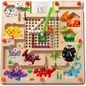 Magnetic Color and Number Maze for Toddlers, Wooden Dinosaur Counting Sorting Board with 20 Patterns Cards, Montessori Fine Motor Skills Toys for 3 4 5 Year Old Boys Girls Kids Gift