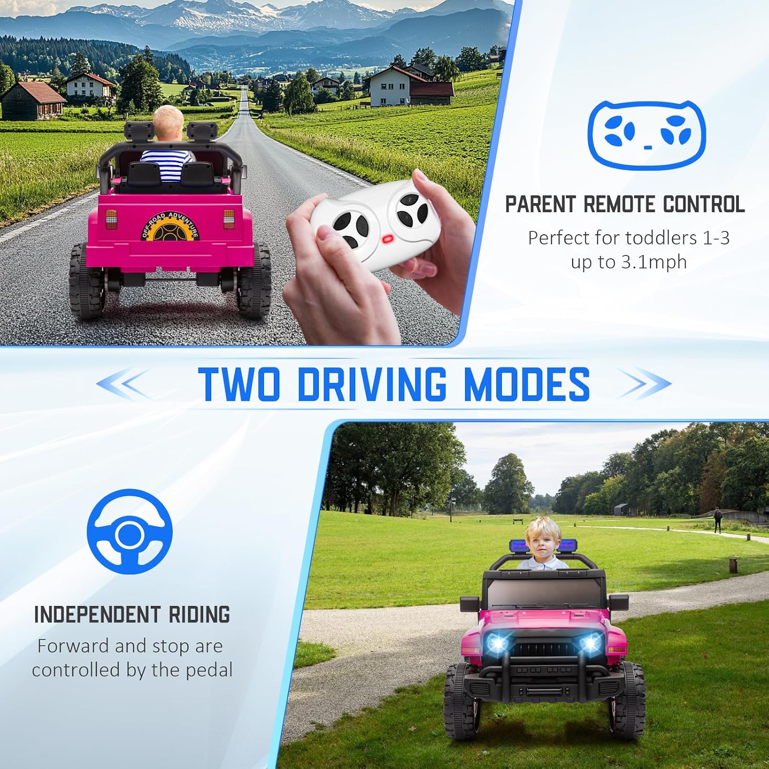 Kids Ride On Jeep Car for Kids, 12V Electric Car for Toddlers with Remote Control Boys Girls Toddler Car Ride on Toys, USB Music Player, Safety Belt, Horn, LED Lights(Pink Jeep) - Image 3