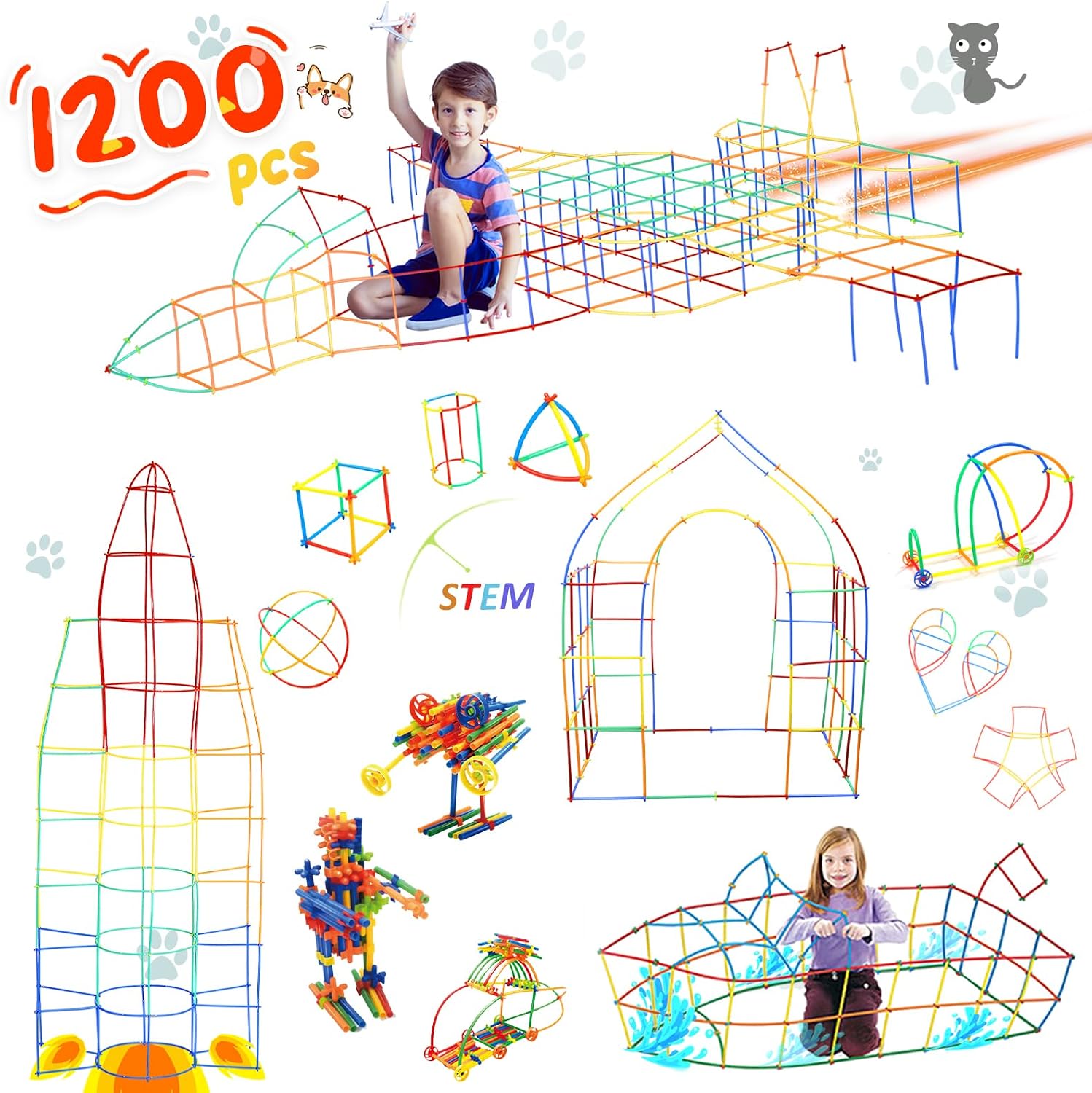 Ggiibro Straw Constructor Toys 1200Pcs STEM Building Toys Aged for 3 4 5 6 7 8+ Interlocking Plastic Toys Preschool Engineering Thin Tube Blocks Toy Educational Toy Kit for Classroom Kids Toys Set - Image 2