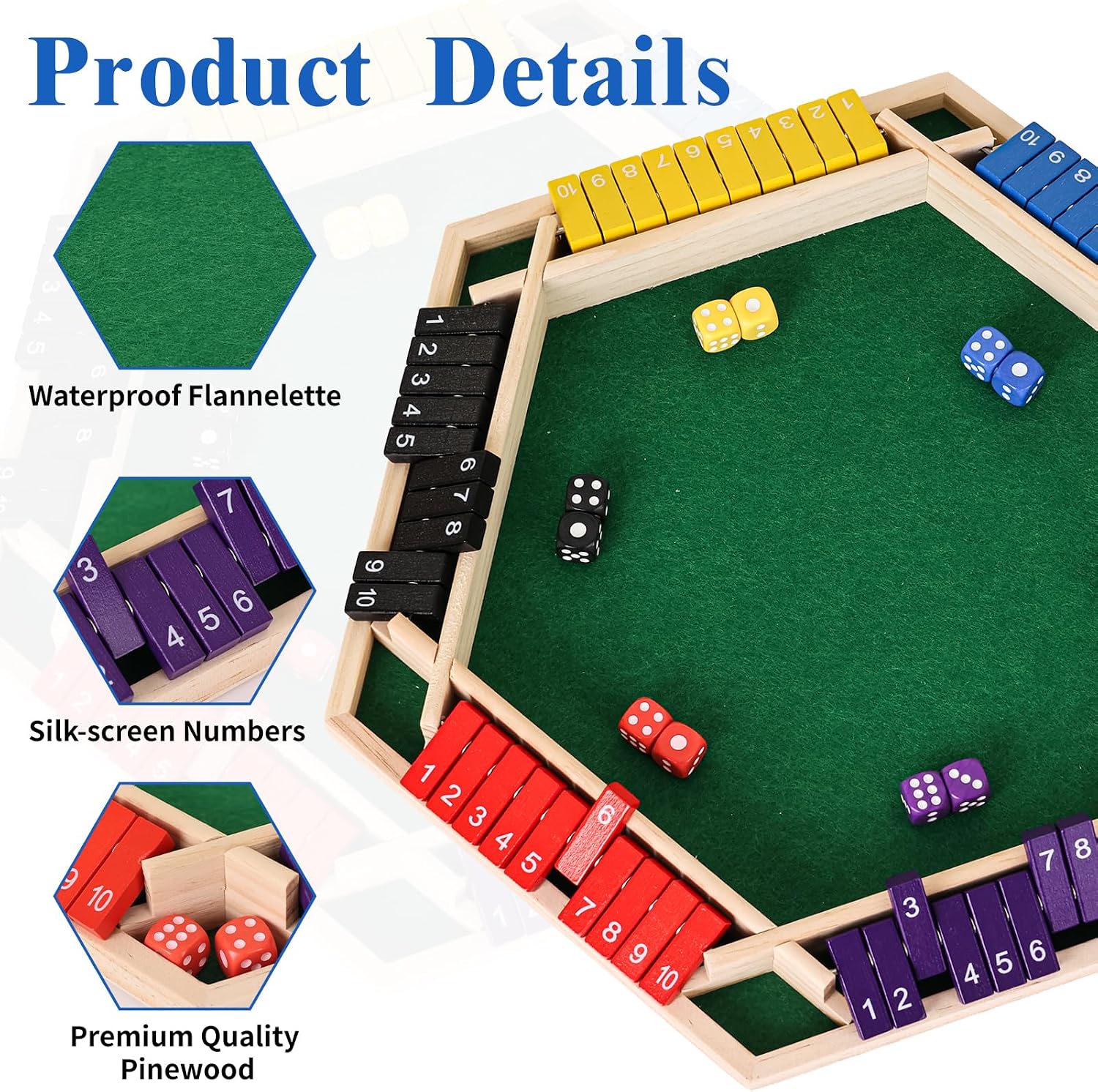 Shut The Box Game Wooden,6 Players Math Games for Kids 8-12,Dice Box Family Games for Kids and Adults,Board Tabletop Games for Kids 5-7, Close The Box Game for Classroom,Home,Party or Pub(6-Color) - Image 3