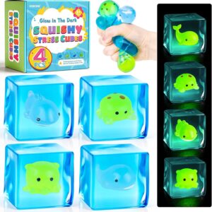 VISCOO 4 Pack Stress Cube -Glow in The Dark Sea Animal Inside Squishy Toys, Cube Squishy Stress Balls for Anxiety Relief, Squeeze Toys for Kids Adults,Fidget Gummy Toys for Party Favors