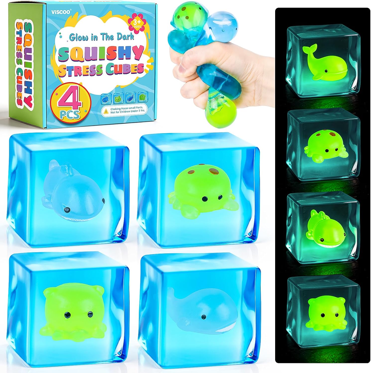 VISCOO 4 Pack Stress Cube -Glow in The Dark Sea Animal Inside Squishy Toys, Cube Squishy Stress Balls for Anxiety Relief, Squeeze Toys for Kids Adults,Fidget Gummy Toys for Party Favors