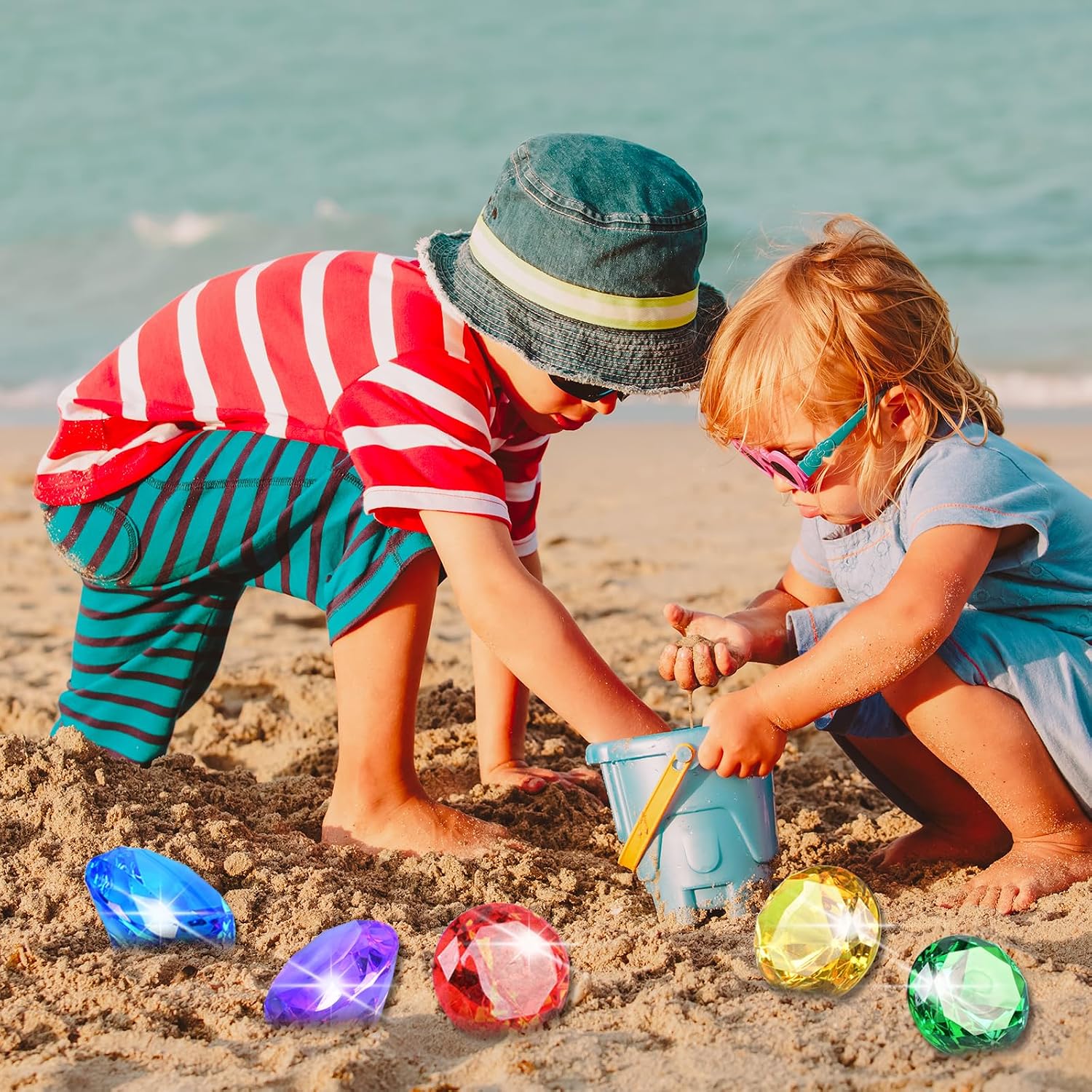 EnriQ Diving Gems Pool Toys 20 Big Colorful Diamond with Pirate Treasure Chest Swim Dive Toy for Kids Water Pool Games Swimmer Training Underwater Gemstone for Treasure Hunt Party Favors - Image 5