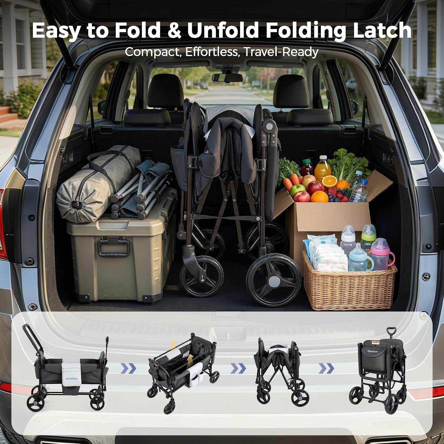 MOMFANN Wagon Stroller for 2 Kids, All-Terrain Foldable Baby Wagon with Adjustable Push & Pull Handle, 5-Point Harness, Removable Canopy, Footwell & Large Storage Bag-Gray - Image 5