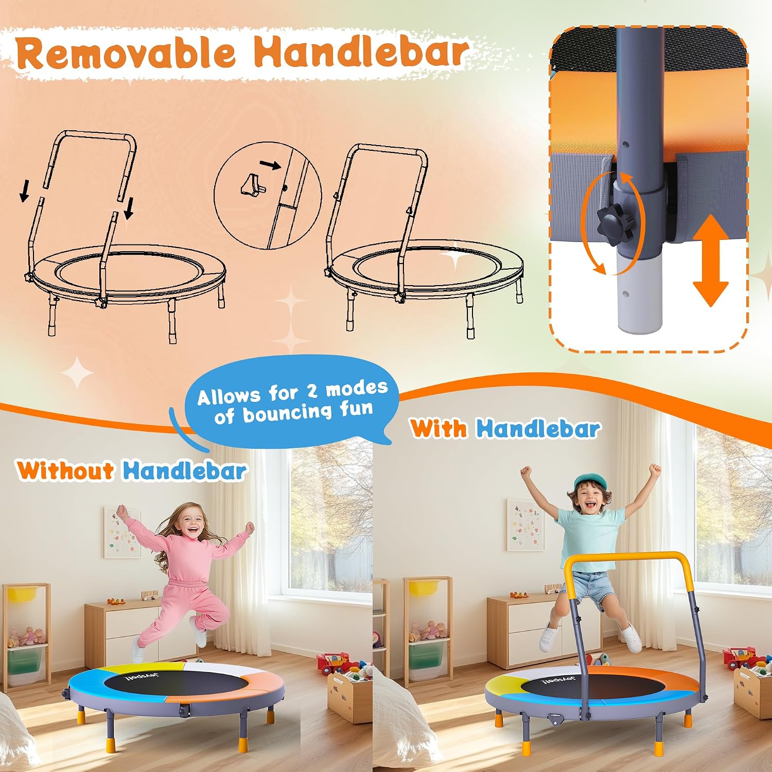 JOY SPOT! Premium 3FT Foldable Toddler Trampoline for Kids Ages 1-6, 36 Inch ASTM Certified Mini Trampoline with Adjustable Handle, 100 lbs Capacity, Quiet Elastic Bands, Safe for Indoor Outdoor Use - Image 7