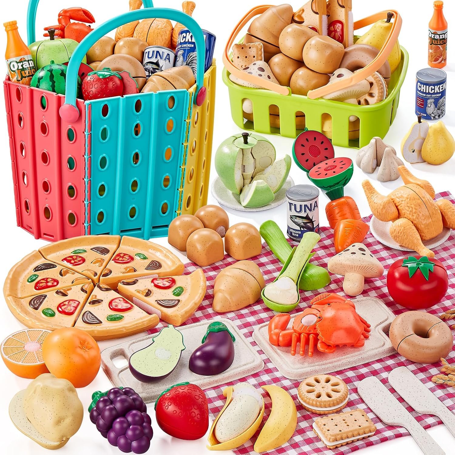 86Pc Wheat Straw Play Food for Kids Kitchen-Toy Food with 2 Baskets & Picnic Blanket, Realistic Cutting Pizza, Grocery Cans, Pretend Play Kitchen Accessories & Toddler Toys for Boys Girls 3+