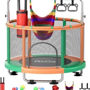 55″ Toddler Mini Trampoline for Kids, Indoor Outdoor Toys with Swing, 440lbs Baby Kids Trampoline, Gymnastics Bar, Birthday Gifts for Boy Girl Age 1-8