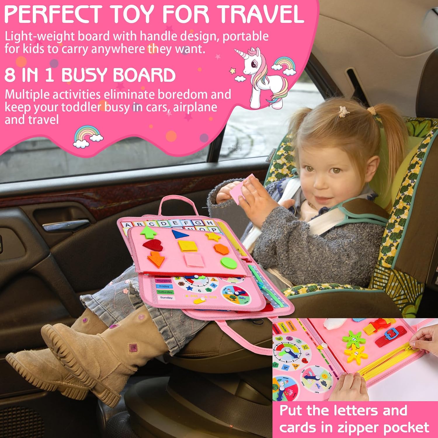 Esjay Toddler Busy Board Montessori Toys for Girls, Sensory Book Educational Activities for Learning Fine Motor Skills, Birthday Gifts for Girls Toddlers, Travel Toys for Airplane Car, Pink Multipages - Image 4