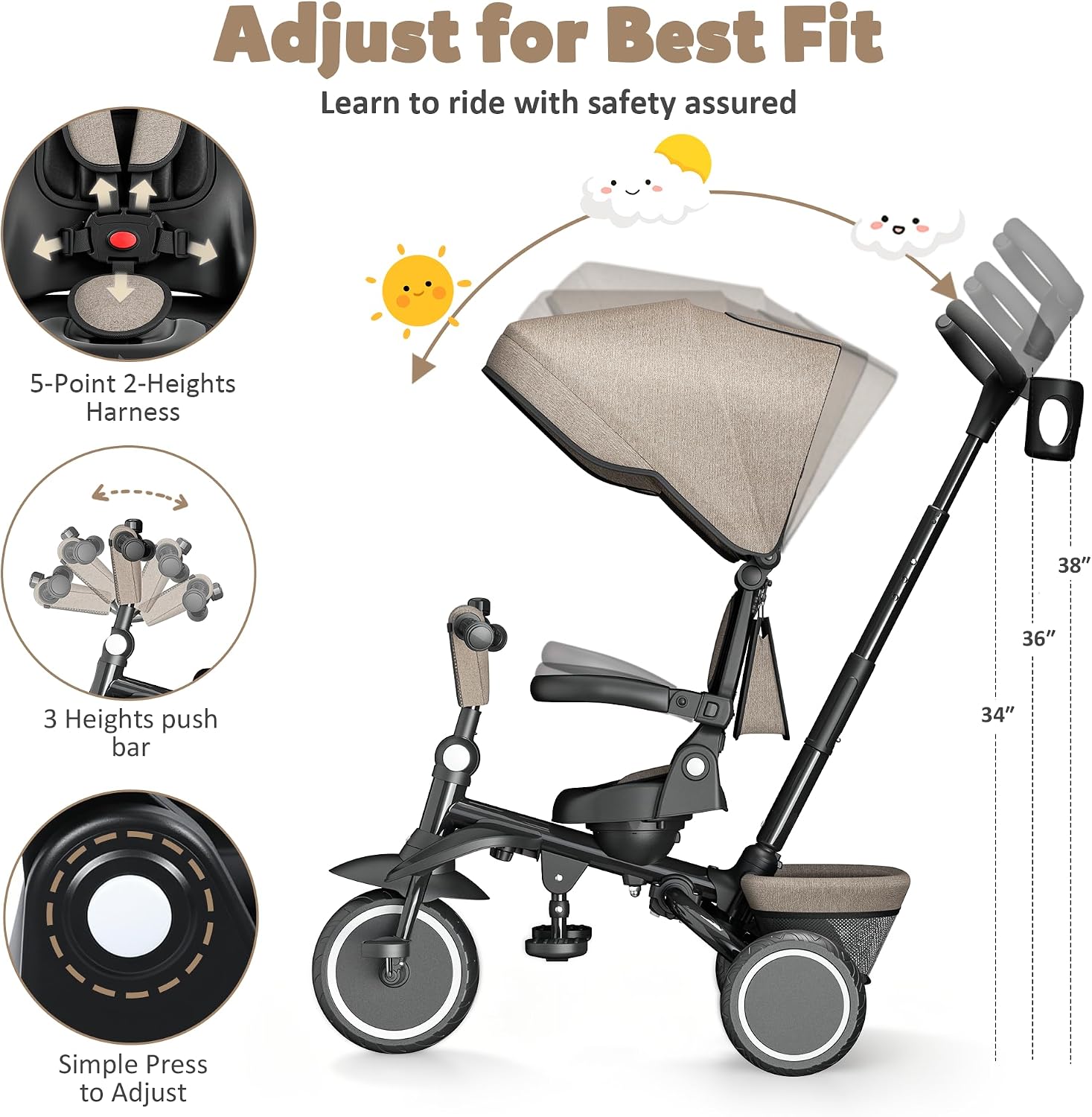 TODEFULL Folding Kids Tricycle, 8 in 1 Toddler Trike W/Removable & 1 Step Brake, Adjustable Canopy, Parent Handle, 5-Piont Harness, Toddler Bike Tricycle for Kids 1-6 Years, Storage Basket, Pink - Image 6