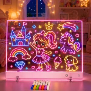 Rechargeable LED Drawing Board for Kids, 16-Inch Light Up Drawing Tablet with 7 Colors & Dimming, Arts Supplies Crafts for Kids Ages 3-8, Birthday Gifts for Girls Boys Age 5-10