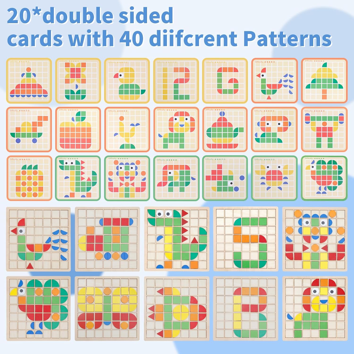 Montessori Tangram Educational, Geometric Shapes Puzzle Toys with 120Pcs Wooden Puzzle Blocks and 20Pcs Cards, Colorful Pattern Montessori Children's Educational Gifts for Kids Ages 3 and Up - Image 4