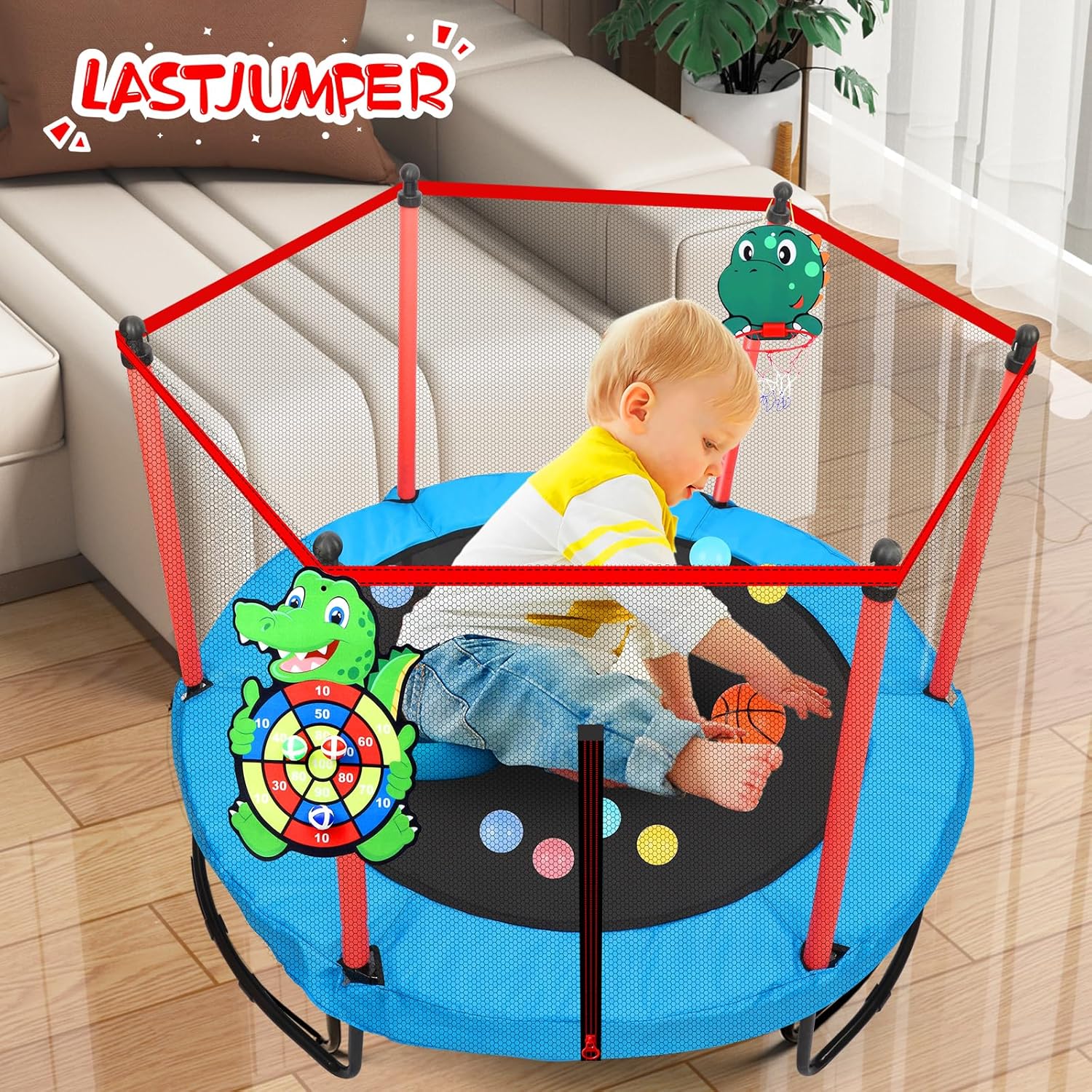 Mini Trampoline for Kids & Toddlers, Ages2-10 | Indoor & Outdoor, with Safety Enclosure Net, Basketball Hoop & Ocean Balls, Birthday Gift for Boy,Girl - Image 5