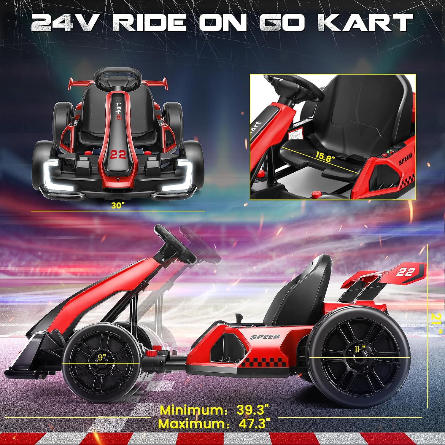 Hikole Go Kart 24V Electric Drift Cart for Kids 6-12-14, Adjustable Seat, 300W Motor, Max 8.5 MPH Speed, Safety Belt, EVA Tires, LED Lights, Bluetooth, Outdoor Ride On Toy Gift, Red - Image 6