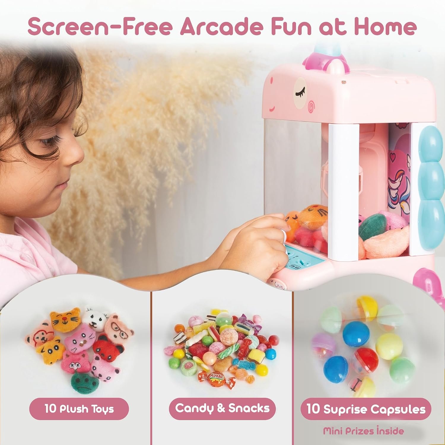 Claw Machine for Kids - Mini Arcade Game - Vending Machine - Candy Grabber Toys - Silent Mode, Lights, USB - Plush Toys & Easter Eggs, Surprise Stickers - Fun Gift for Kids, Boys & Girls (Unicorn) - Image 4