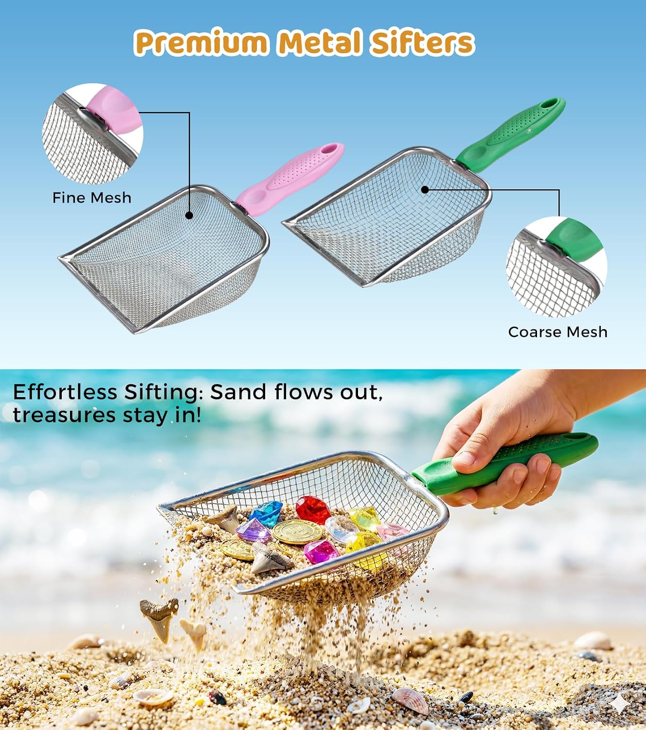 Eicaus 46 PCS Beach Sand Toys for Kids Toddlers, Collapsible Sand Buckets & Mesh Bag Set with Heavy Duty Metal Sifters, Treasure Hunt Gems, Castle Molds, Travel Sandbox Toys for Boys Girls - Image 3