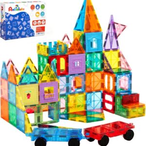 Anbalulu Magnetic Tiles 100PCS with 2 Cars, STEM Educational Building Blocks for Kids Ages 3-9, Magnet Construction Toys Gift for Toddlers