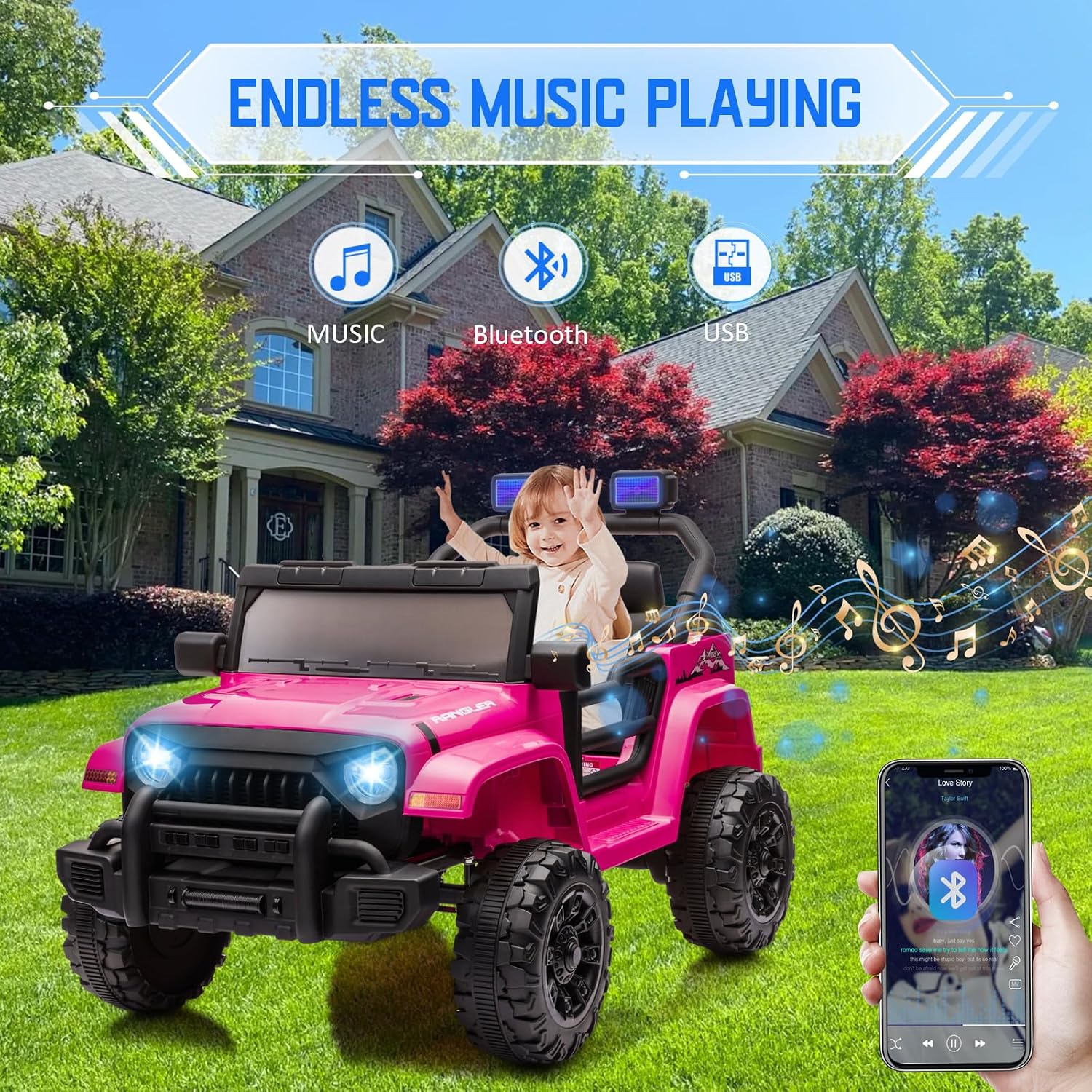 Kids Ride On Jeep Car for Kids, 12V Electric Car for Toddlers with Remote Control Boys Girls Toddler Car Ride on Toys, USB Music Player, Safety Belt, Horn, LED Lights(Pink Jeep) - Image 4