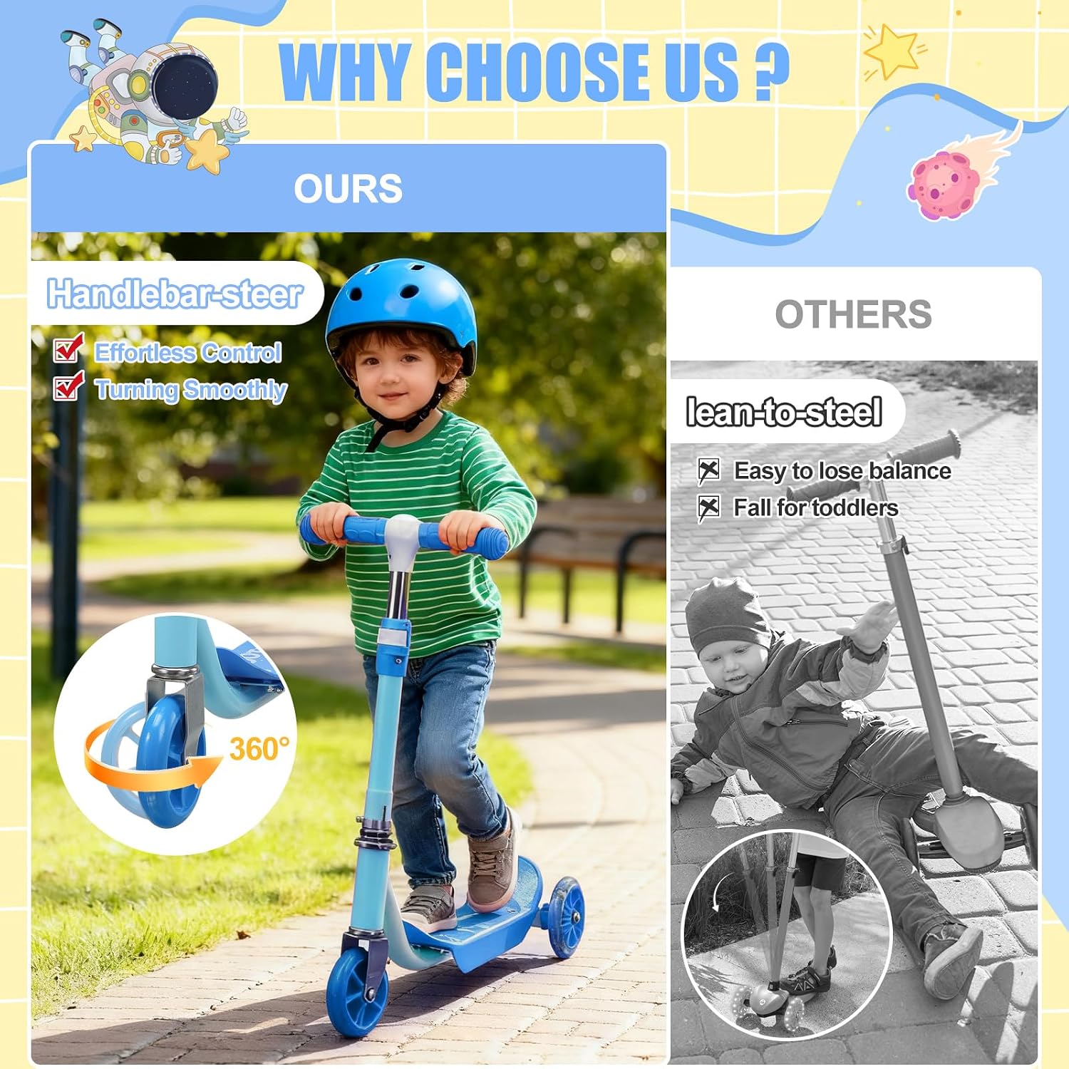 Kick Scooters for Kids 3-5 5-7 Years Age - Handlebars Safe-First Steer,Anti-Slip Deck,Height Adjustable Three Wheeled LED Lighted Up Toddler Scooter for Boy & Girl, Indoor Outdoor Kid Child Toy Gift - Image 3