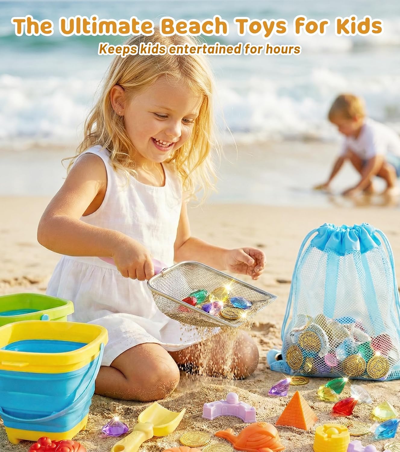 Eicaus 46 PCS Beach Sand Toys for Kids Toddlers, Collapsible Sand Buckets & Mesh Bag Set with Heavy Duty Metal Sifters, Treasure Hunt Gems, Castle Molds, Travel Sandbox Toys for Boys Girls - Image 2