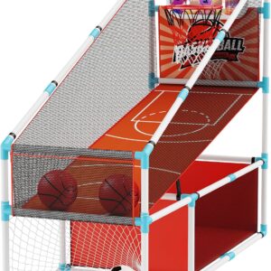2 in 1 Kids Arcade Basketball Hoop &Soccer Goal,LED Lights Electronic Scoreboard, Adjustable Height Basketball Game Set,Indoor Outdoor Sport Toys Gift Toddlers Boys Girls Ages 3-12 Home Party
