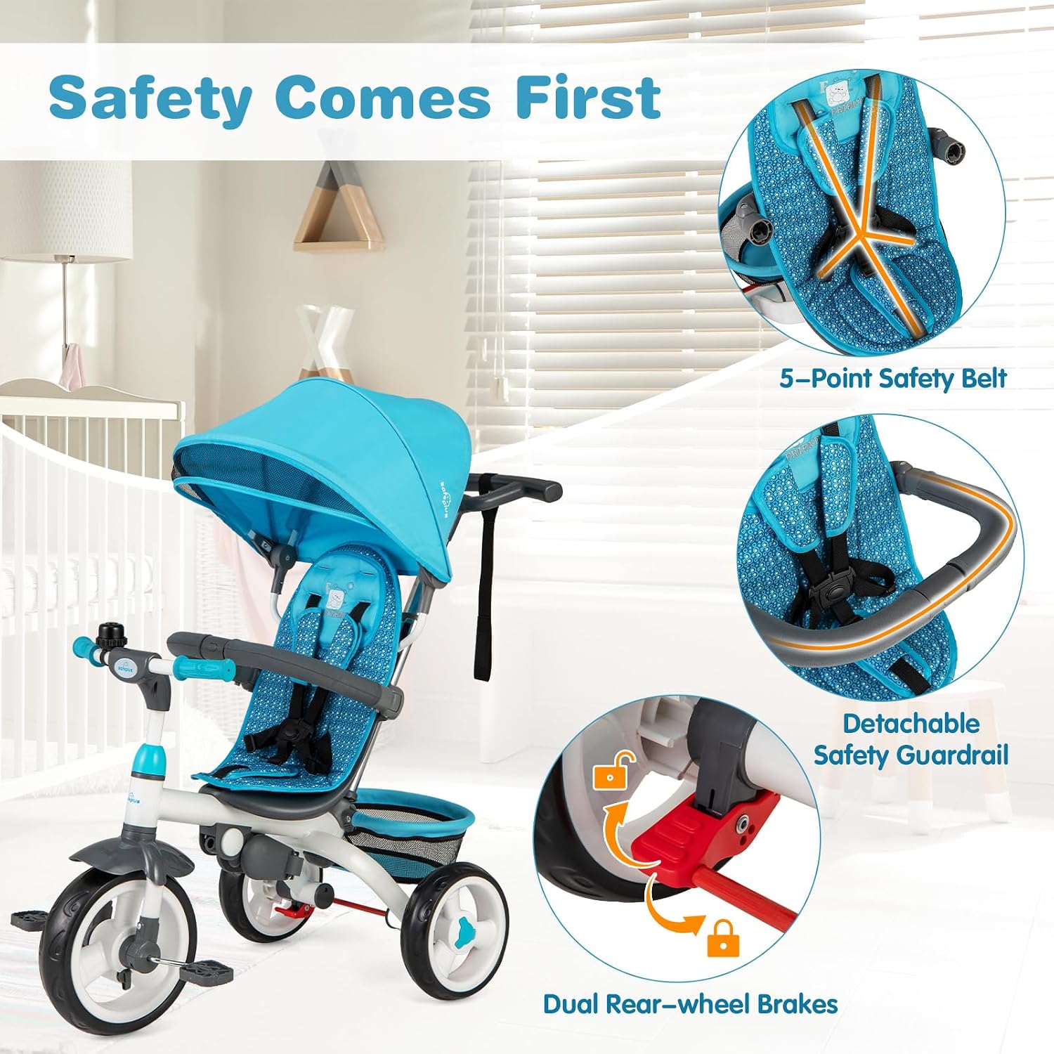 Costzon Tricycle for Toddlers, 6 in 1 Trike w/Parent Handle, Adjustable Canopy, Storage, Safety Harness & Wheel Brakes, Baby Push Tricycle Stroller for Kids Boys Girls Aged 9 Month-5 Years Old, Blue - Image 5