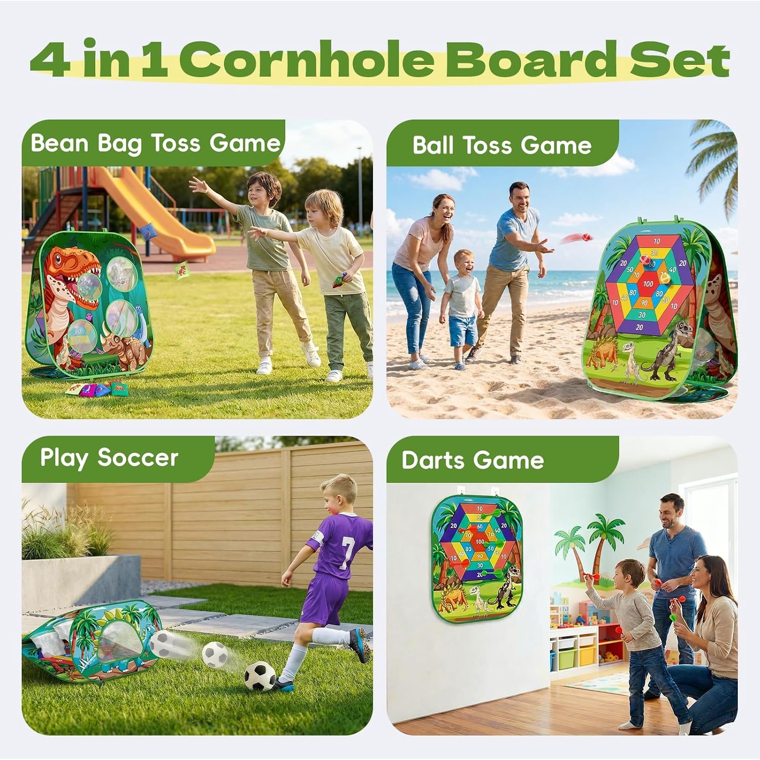 4-in-1 Dinosaur Bean Bag Toss Game for Kids, Cornhole & Dart Board Set for Toddlers, Outdoor Toys for Family Party, Backyard, Beach & Lawn Activities, Gift for Boys and Girls Ages 3 4 5 6 7 8 - Image 2